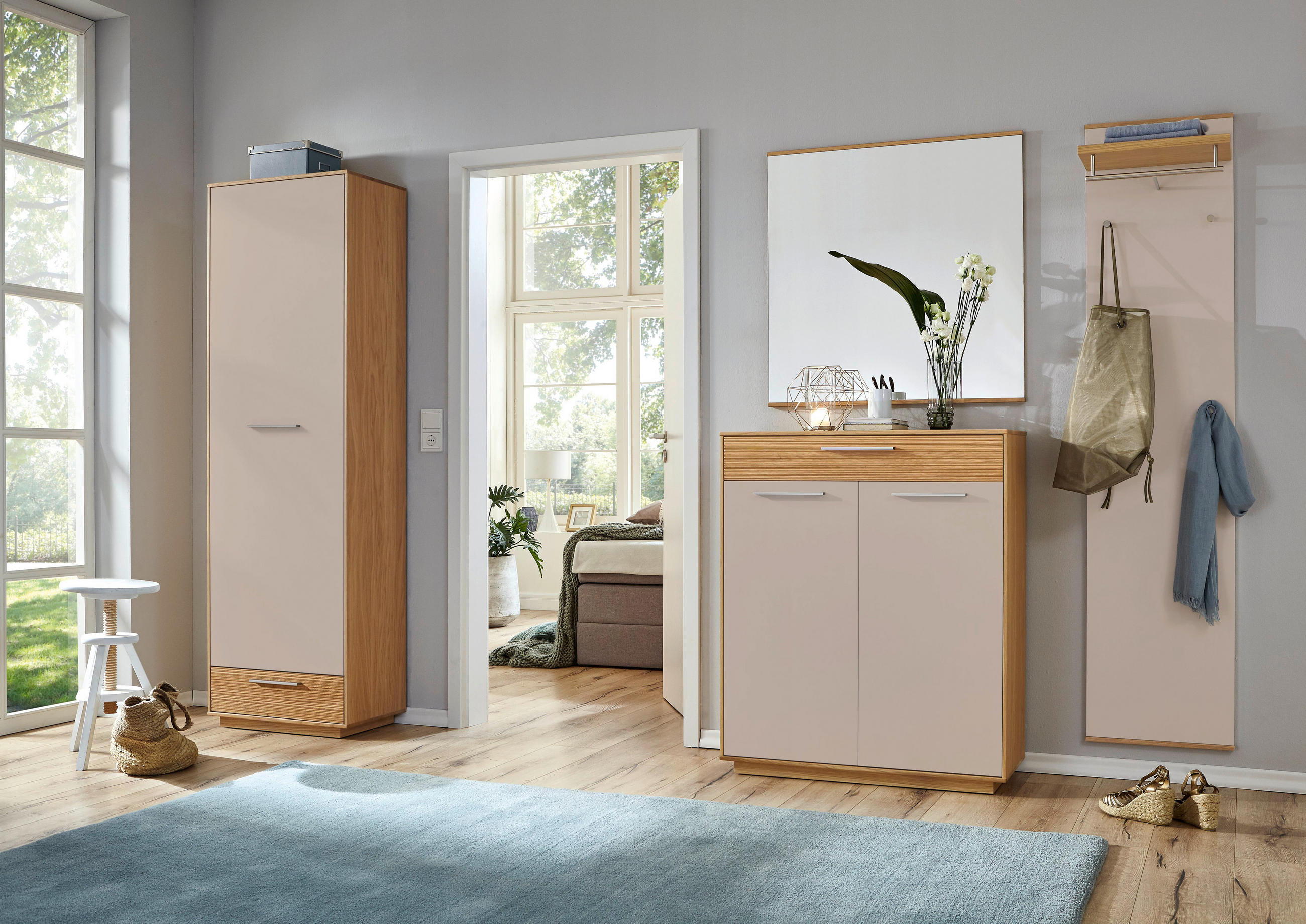 GARDEROBE 4-teilig  in 220/195/37 cm  - Taupe/Eichefarben, Design, Glas/Holz (220/195/37cm) - Novel