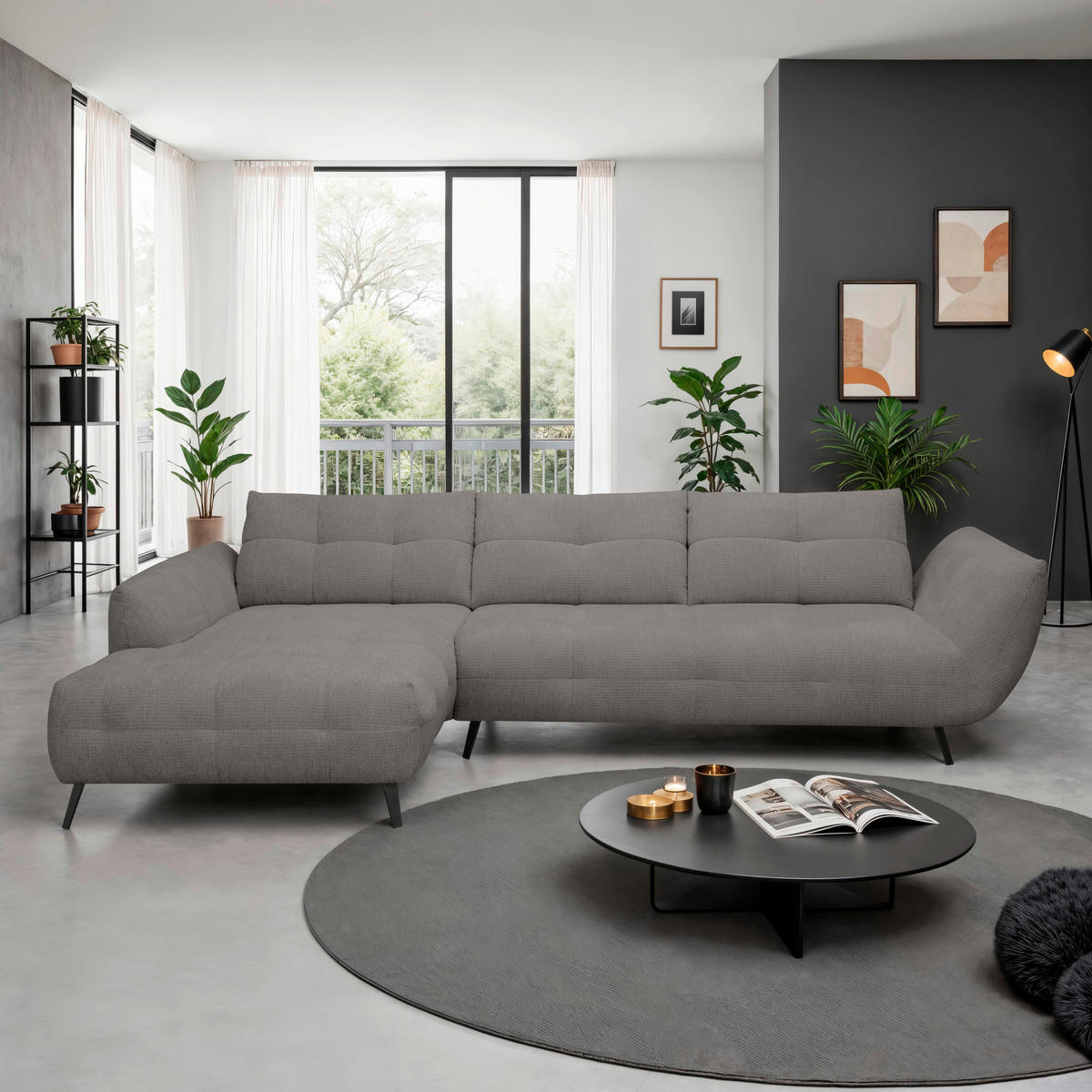 ECKSOFA Graubraun Chenille Armlehnenkissen, Rücken echt, Sitztiefenverstellung  - Graubraun/Schwarz, KONVENTIONELL, Textil/Metall (215/313cm) - Hom`in