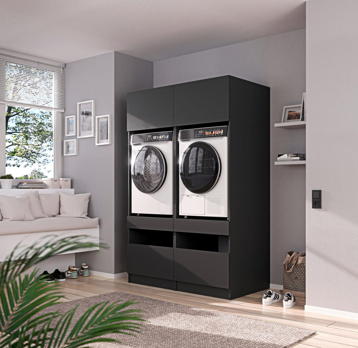 WASCHMASCHINENSCHRANK 68/200/68 cm  in Anthrazit  - Anthrazit/Schwarz, Design, Holzwerkstoff/Metall (68/200/68cm) - Milino