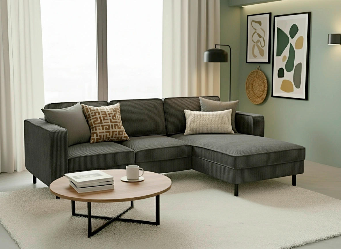 ECKSCHLAFSOFA WATKINS  mit Schlafen auf Sitzhöhe, Rücken echt, Armteil links, Armteil rechts Cord Dunkelgrau  - Dunkelgrau/Schwarz, MODERN, Textil/Metall (232/161cm) - Trendmanufaktur