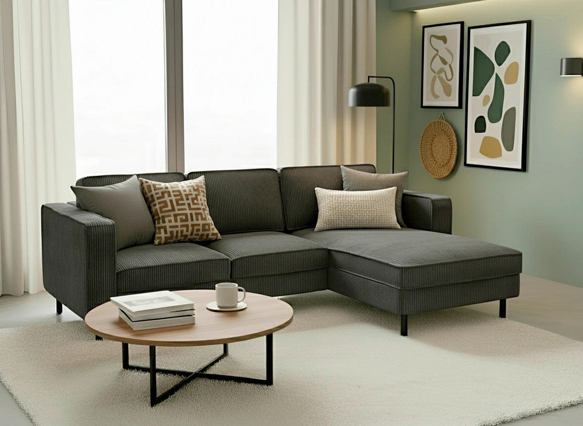 ECKSCHLAFSOFA WATKINS  mit Schlafen auf Sitzhöhe, Rücken echt, Armteil links, Armteil rechts Cord Dunkelgrau  - Dunkelgrau/Schwarz, MODERN, Textil/Metall (232/161cm) - Trendmanufaktur