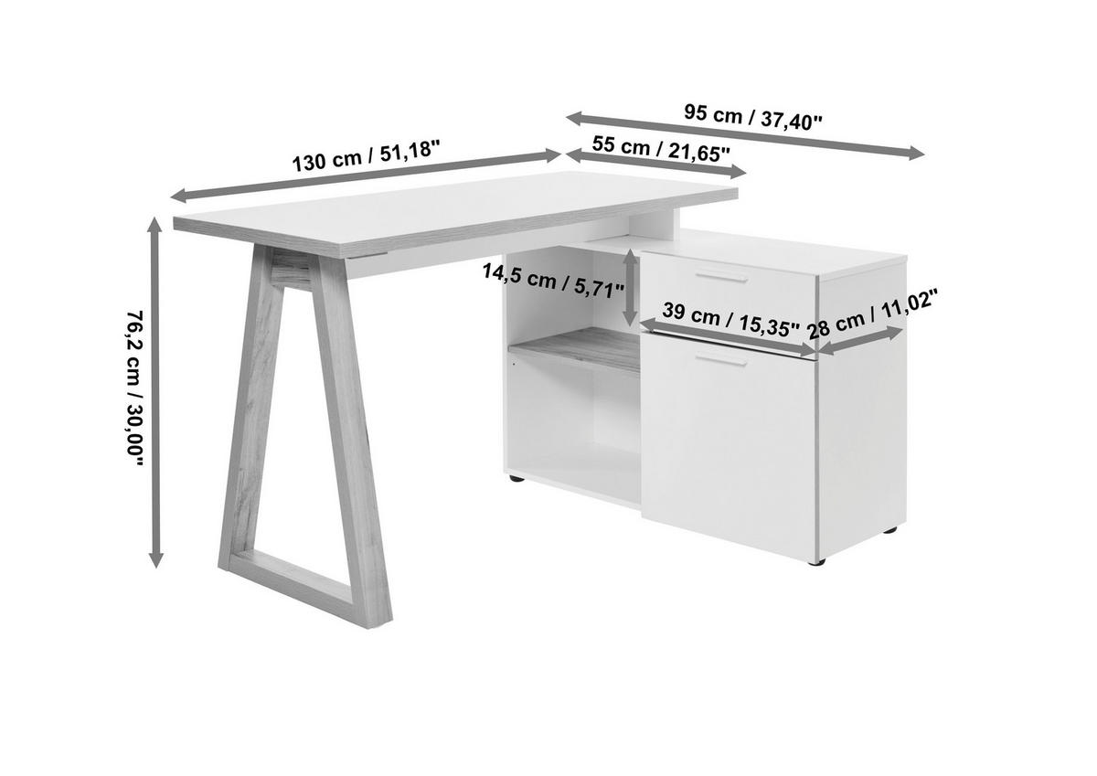 BUREAU D'ANGLE 120-130/55-95/76,2 cm  in Weiss, Eichefarben  - Weiss/Eichefarben, Modern, Holzwerkstoff/Metall (120-130/55-95/76,2cm) - Novel