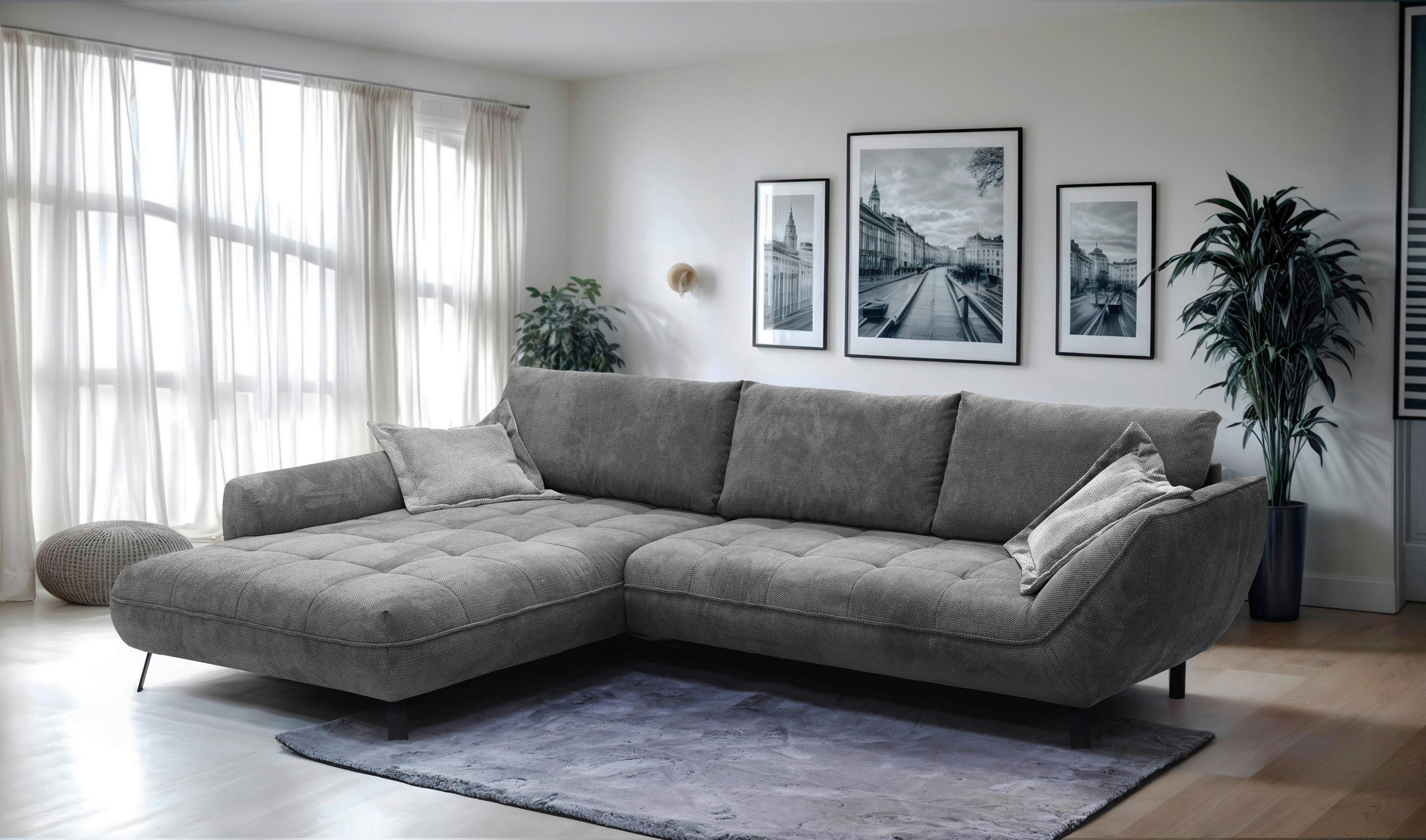 ECKSOFA in Struktur Anthrazit  - Anthrazit/Silberfarben, Design, Textil/Metall (205/324cm) - Livetastic