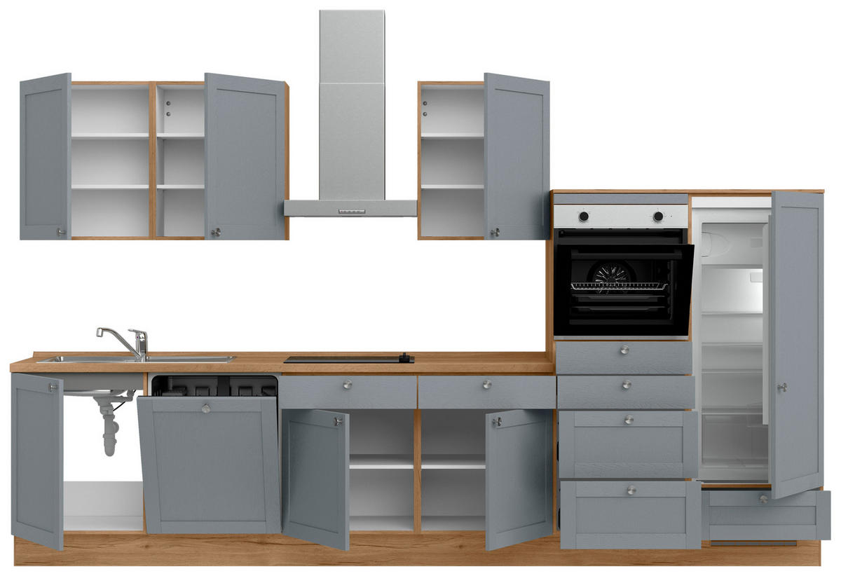 KÜCHENLEERBLOCK Frame 360 cm  in Eichefarben, Blaugrau  - Edelstahlfarben/Eichefarben, MODERN, Holzwerkstoff/Metall (360cm) - Nobilia