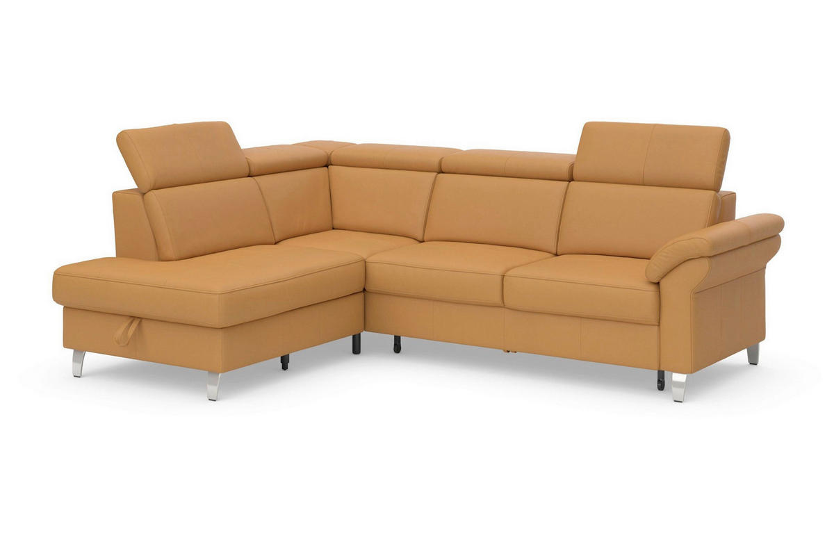 ECKSOFA ARNGAST E Currygelb Kombination Echtleder/Stoff Mikrofaser Bettkasten, Kopfteilverstellung  - Chromfarben/Currygelb, Basics, Leder/Textil (194/245cm) - Sit & More