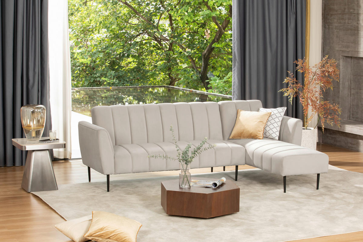 ECKSOFA Creme Samt  - Creme/Schwarz, MODERN, Textil/Metall (253/87/169cm) - P & B