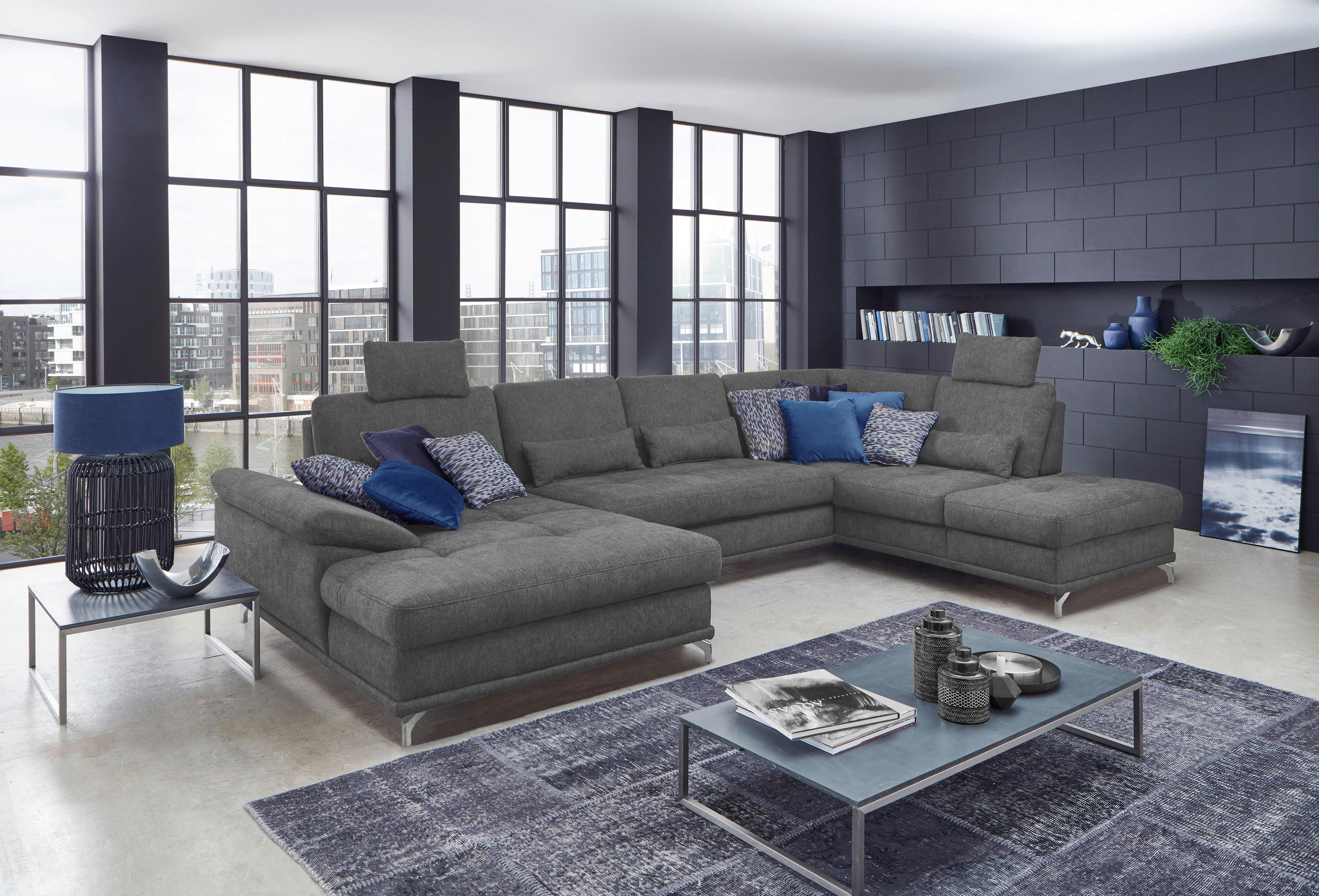 WOHNLANDSCHAFT Grau Flachgewebe  - Silberfarben/Grau, KONVENTIONELL, Textil/Metall (176/363/223cm) - Sit & More