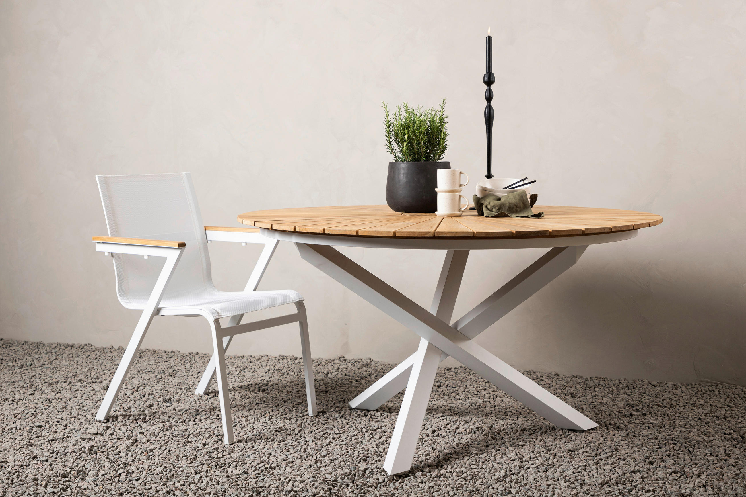 GARTENTISCH 140/140/75 cm Holz, Metall rund  - Weiß/Teakfarben, KONVENTIONELL, Holz/Metall (140/140/75cm) - Gardenson