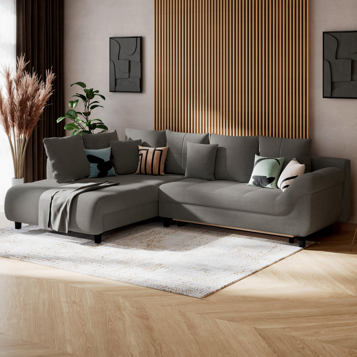 ECKSOFA MENDOZA NEW Anthrazit Chenille, Struktur Zierkissen, Rückenkissen, Bettkasten  - Anthrazit/Schwarz, KONVENTIONELL, Textil (197/309cm) - MID.YOU