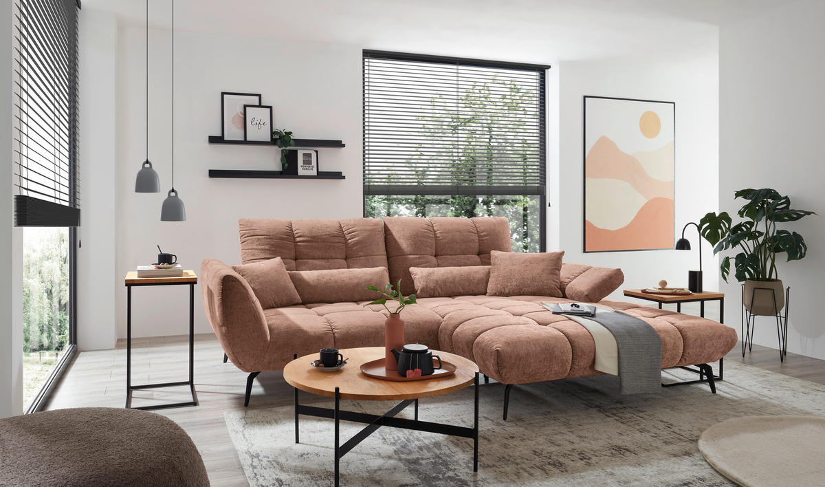 ECKSOFA Altrosa Flachgewebe Rücken echt, Sitztiefenverstellung  - Schwarz/Altrosa, KONVENTIONELL, Textil/Metall (273/211cm) - SetOne by Musterring