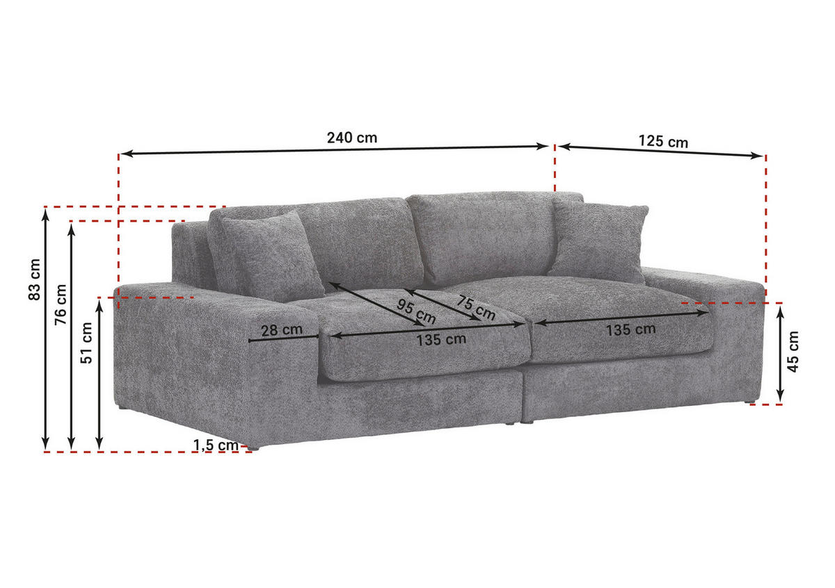 BIGSOFA Struktur, Bouclé Greige  - Greige/Schwarz, MODERN, Kunststoff/Textil (240/76/125cm) - Landscape