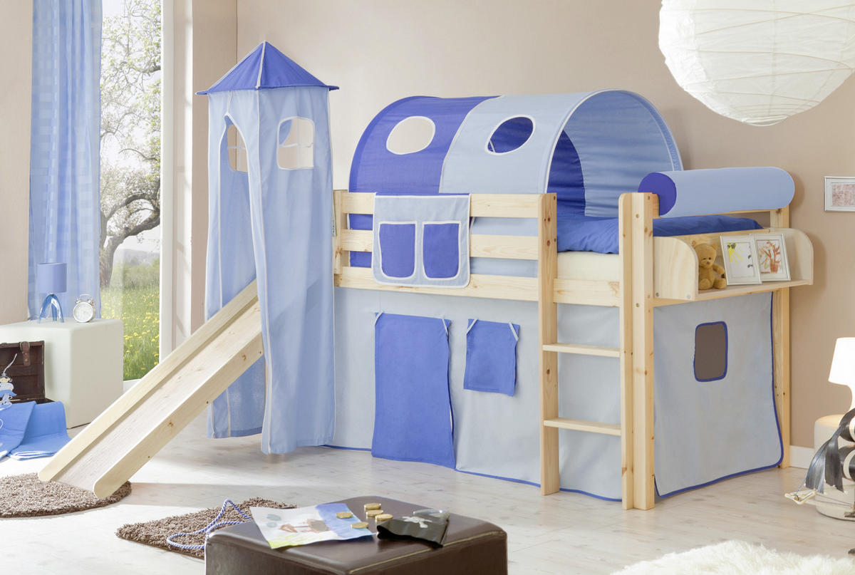 SPIELBETT Kiefer massiv Kieferfarben, Hellblau, Dunkelblau  - Dunkelblau/Kieferfarben, Natur, Holz (90/200cm) - MID.YOU