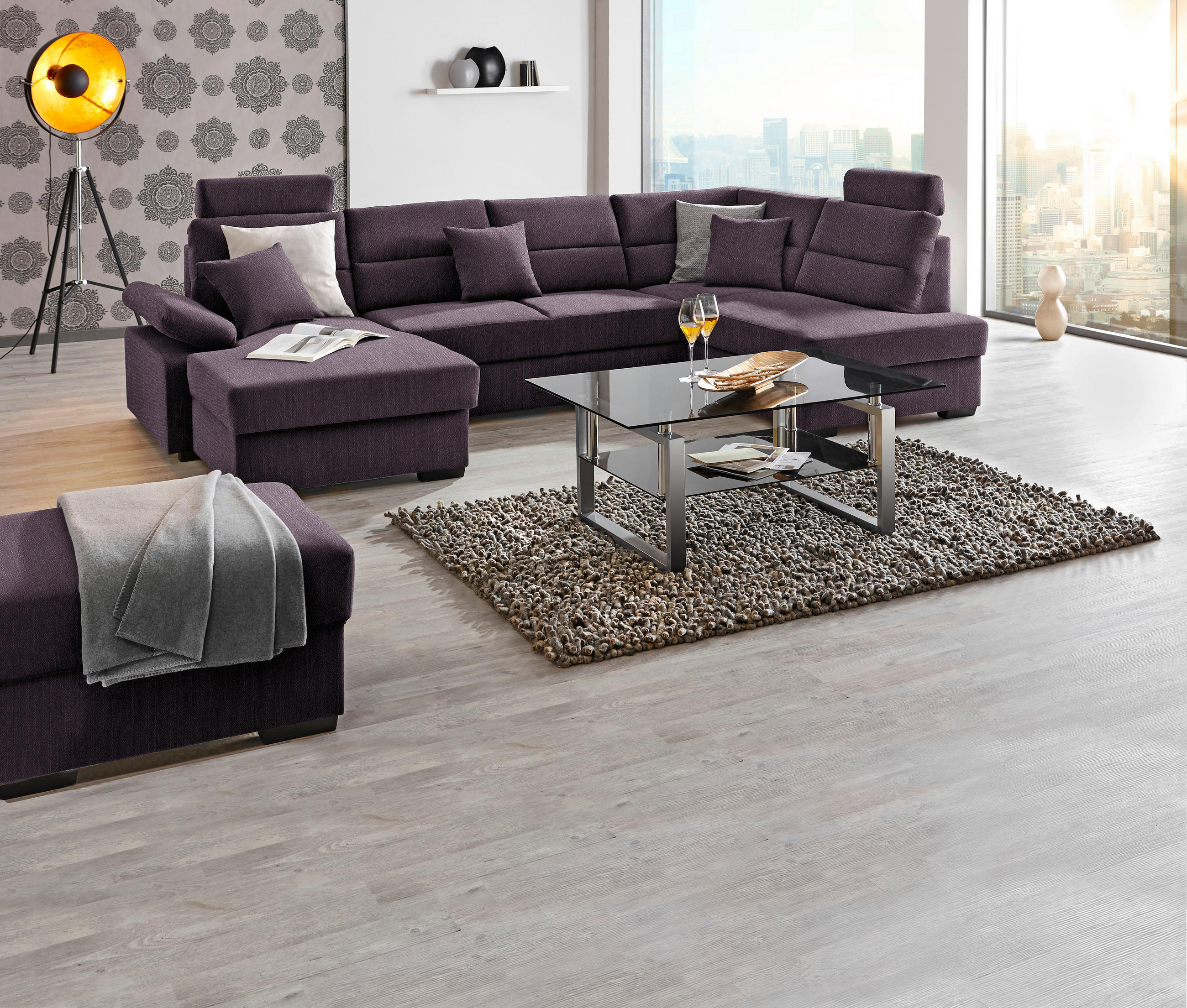 WOHNLANDSCHAFT in Webstoff Violett  - Dunkelbraun/Violett, Konventionell, Kunststoff/Textil (166/319/183cm) - Cantus