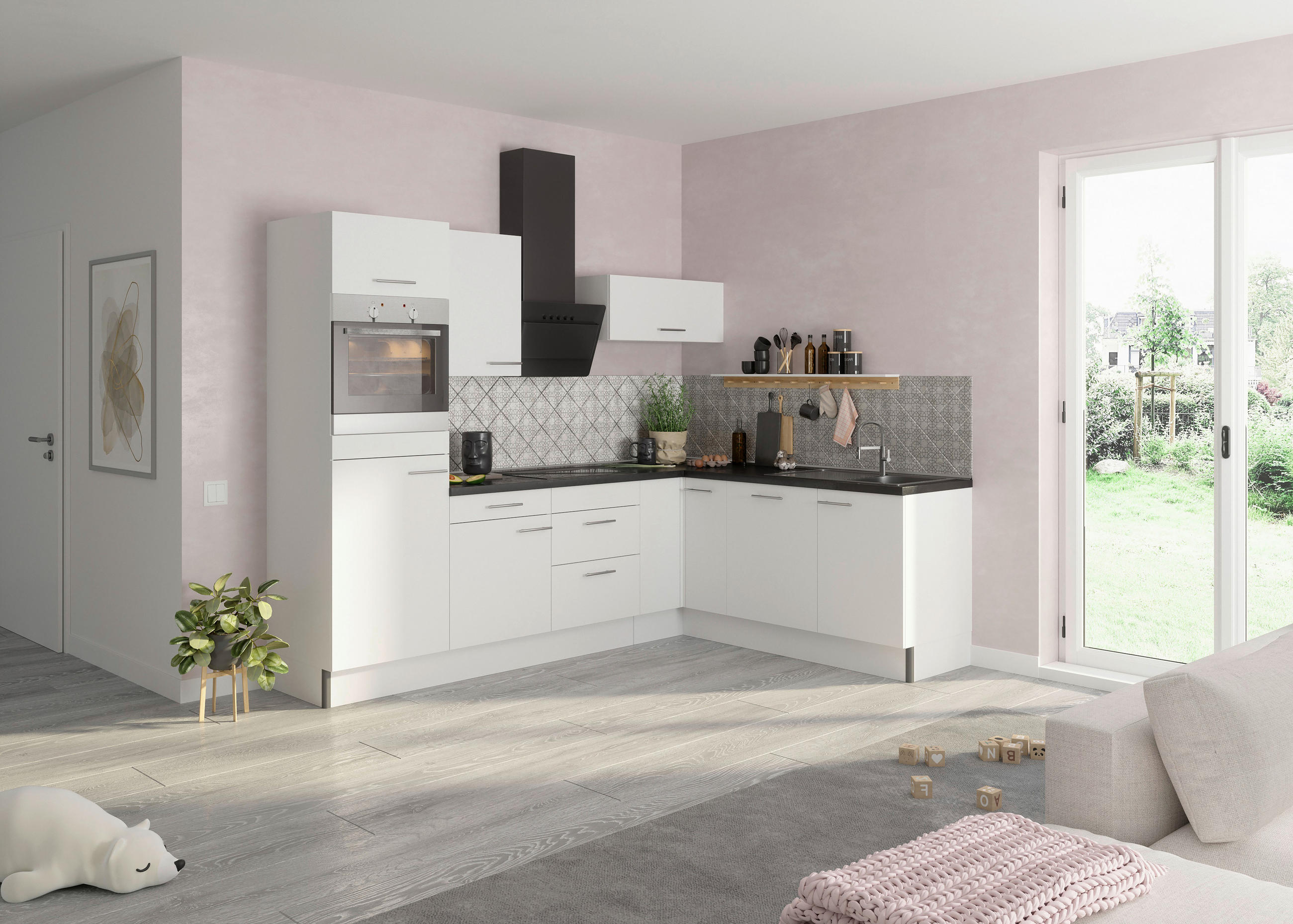 ECKKÜCHE 270/200 cm  in Weiß  - Edelstahlfarben/Anthrazit, Basics, Holzwerkstoff/Metall (270/200cm) - Optifit