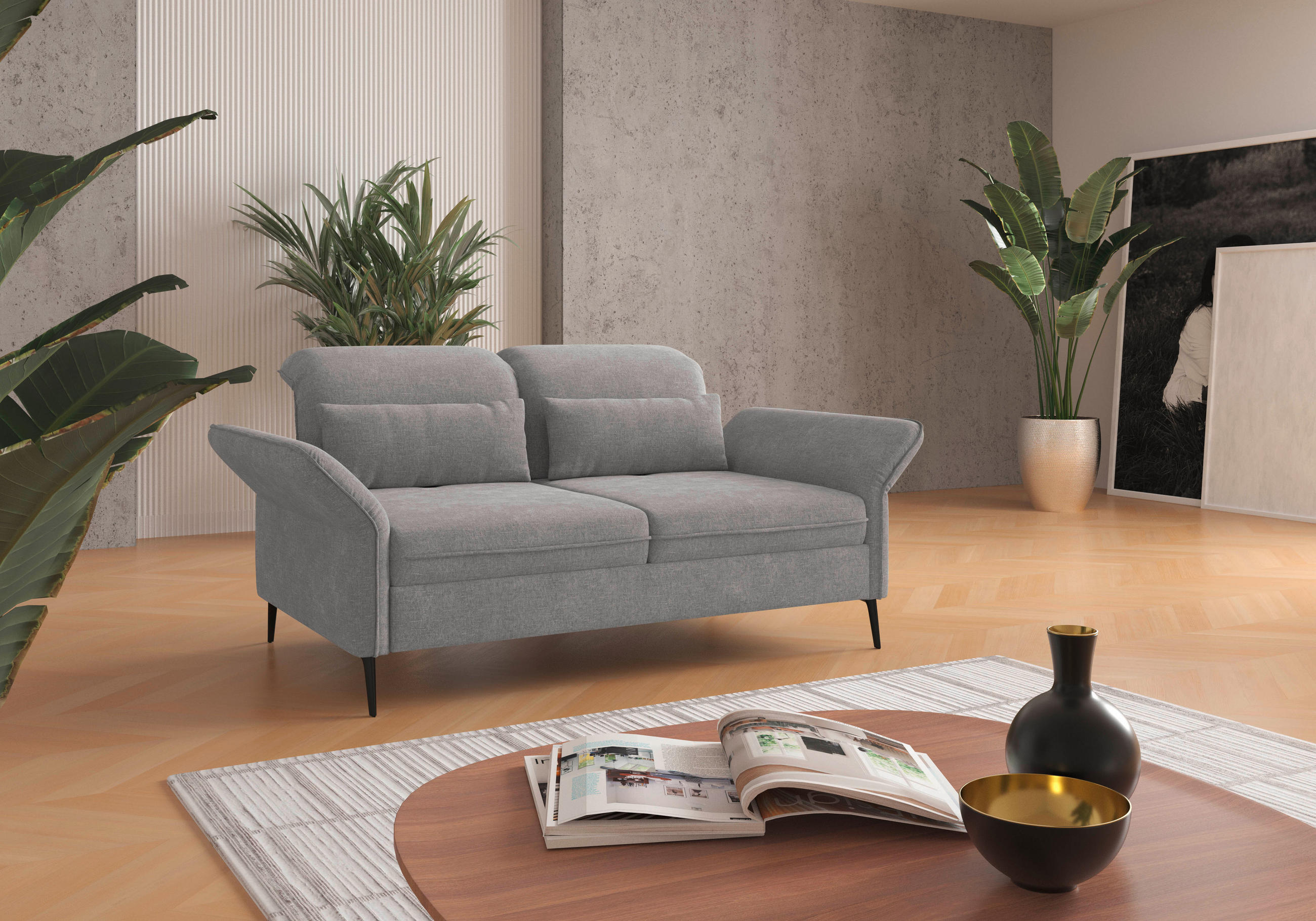 2,5-SITZER in Flachgewebe Hellgrau  - Hellgrau/Schwarz, KONVENTIONELL, Textil/Metall (189/92/123cm) - Sit & More