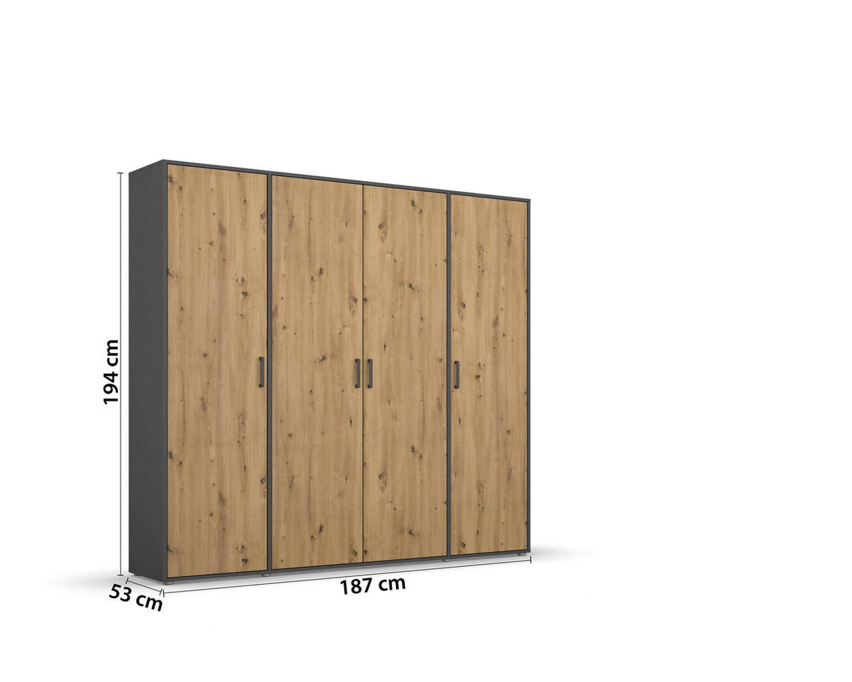 DREHTÜRENSCHRANK in Grau, Eiche Artisan  - Eiche Artisan/Grau, Modern, Holzwerkstoff/Kunststoff (187/194/53cm) - Rauch Möbel