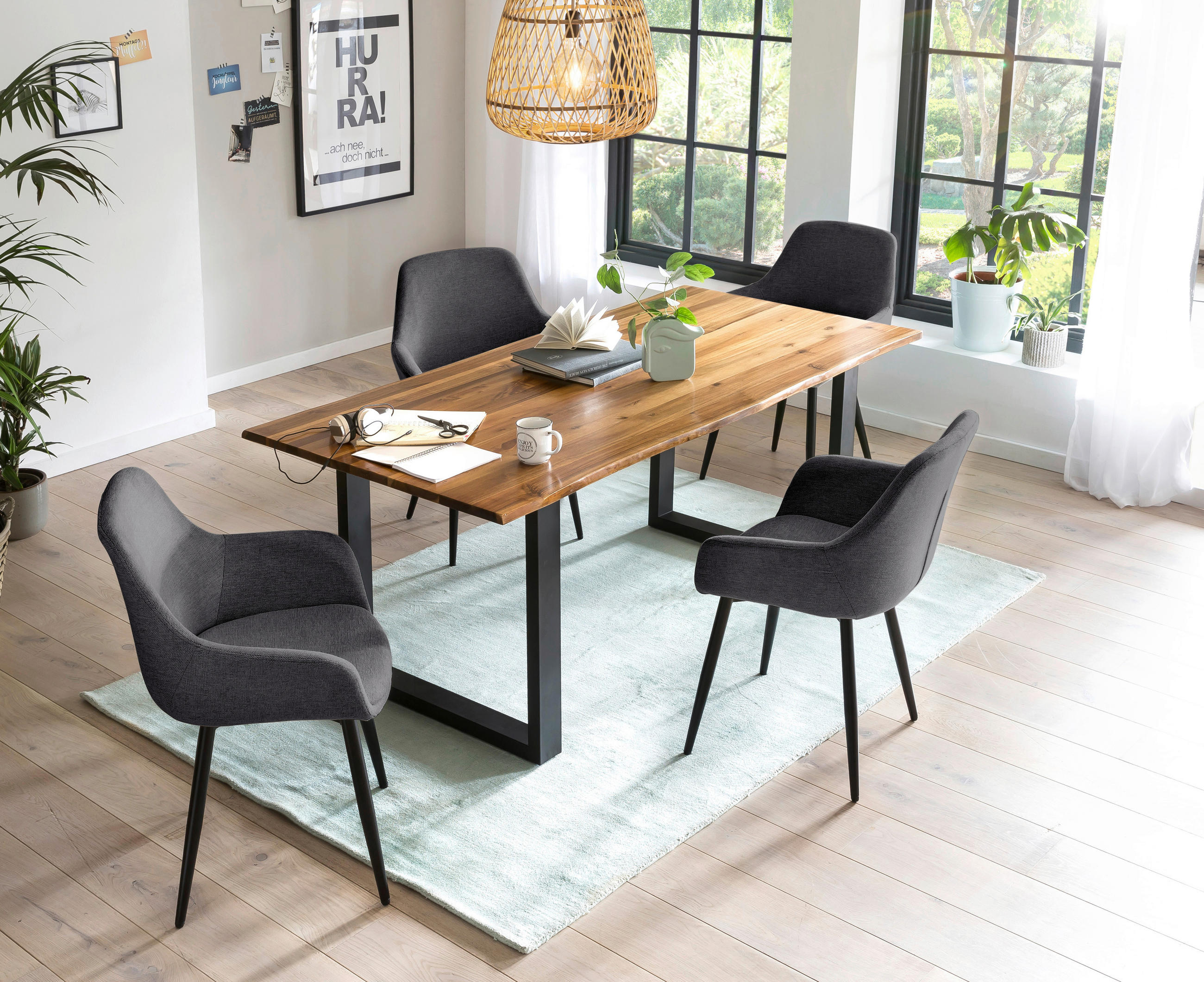 TISCHGRUPPE Anthrazit, Cognac  - Cognac/Anthrazit, MODERN, Holz/Textil (160/85/77cm) - Livetastic