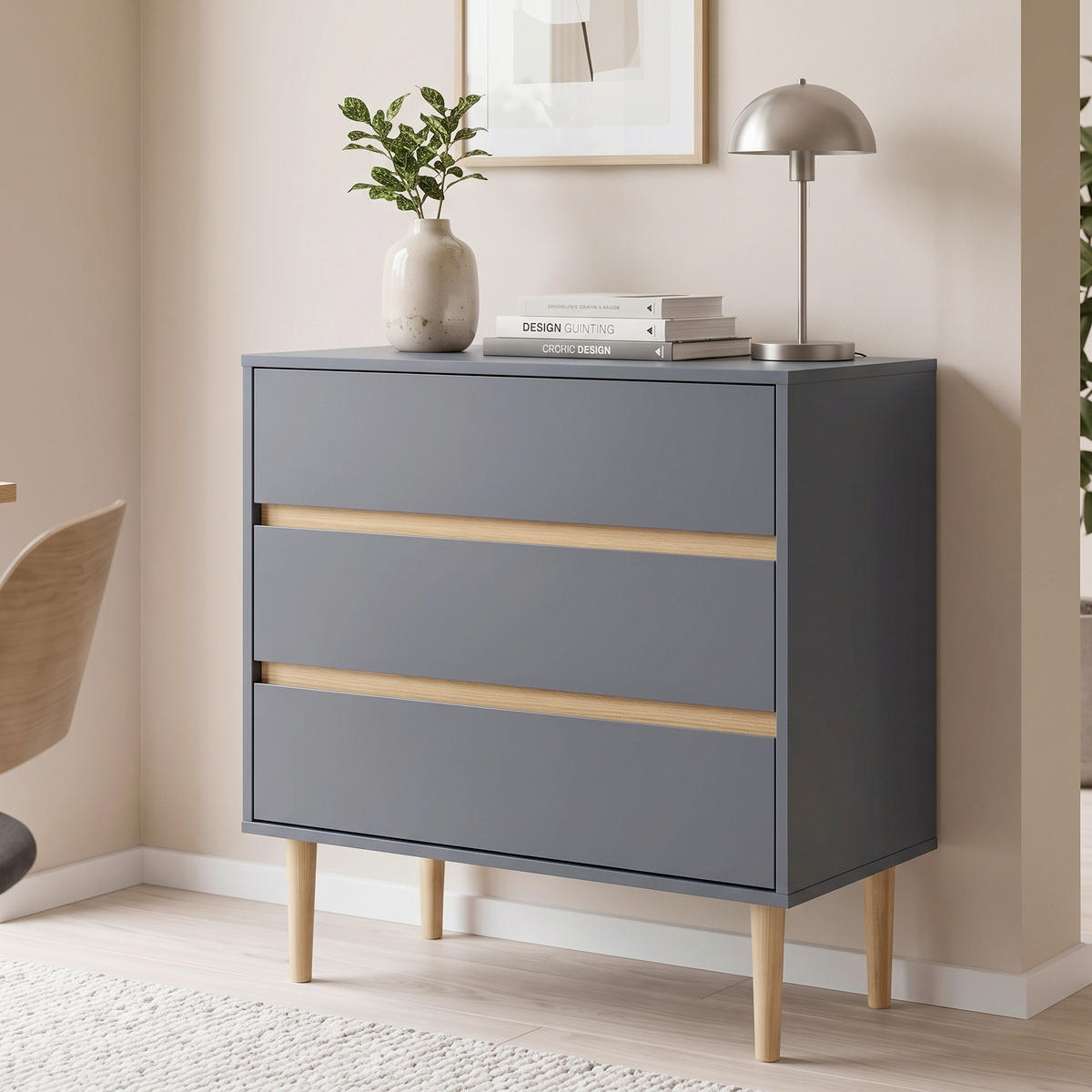 KOMMODE Bisley Chest, 80/80/40 cm, 3 Schublade(n)  - Dunkelgrau/Kieferfarben, Design, Holz/Holzwerkstoff (80/80/40cm) - MID.YOU