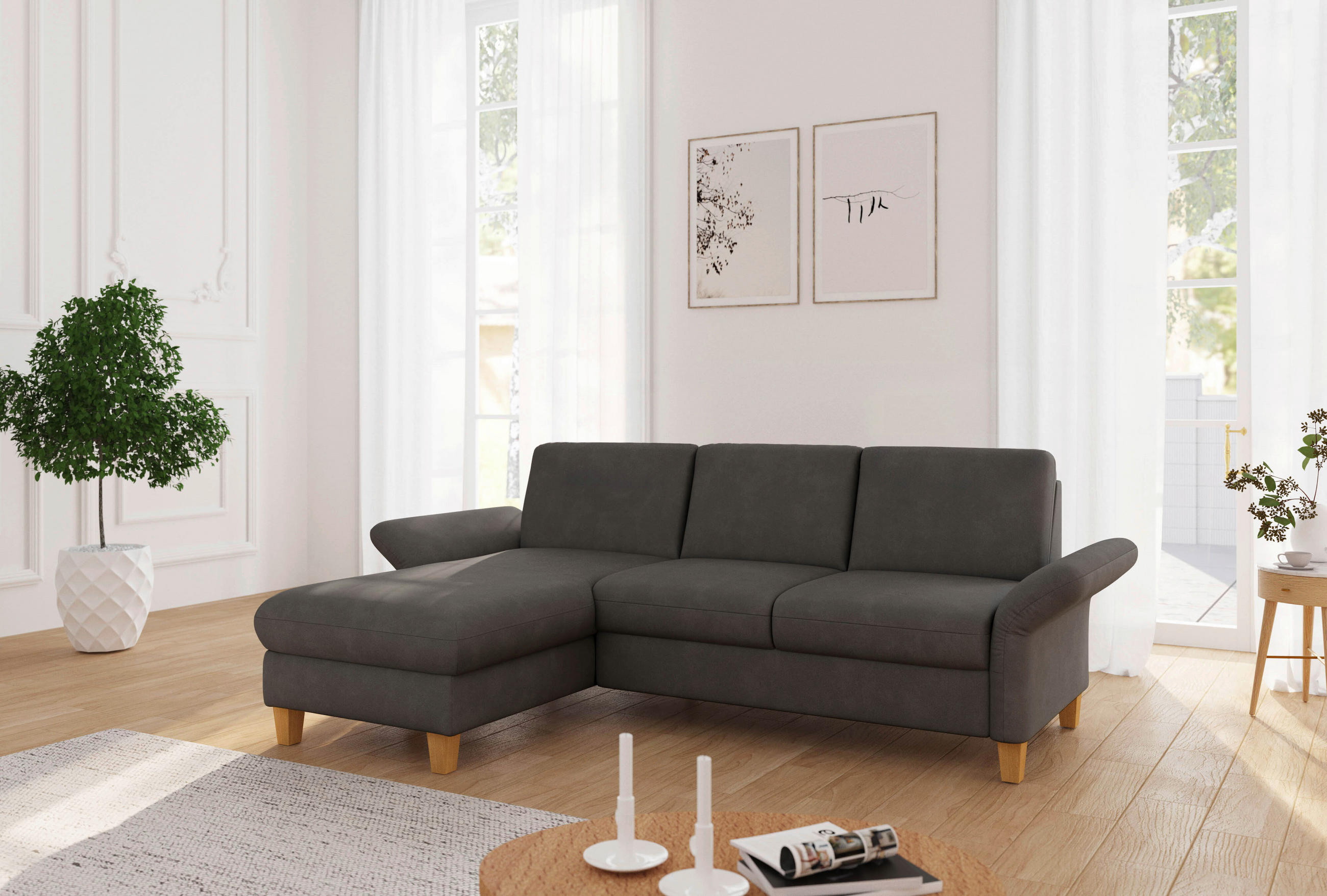 ECKSOFA ROCHELLE E Graphitfarben Flachgewebe  - Eichefarben/Graphitfarben, KONVENTIONELL, Holz/Textil (164/251cm) - Sit & More