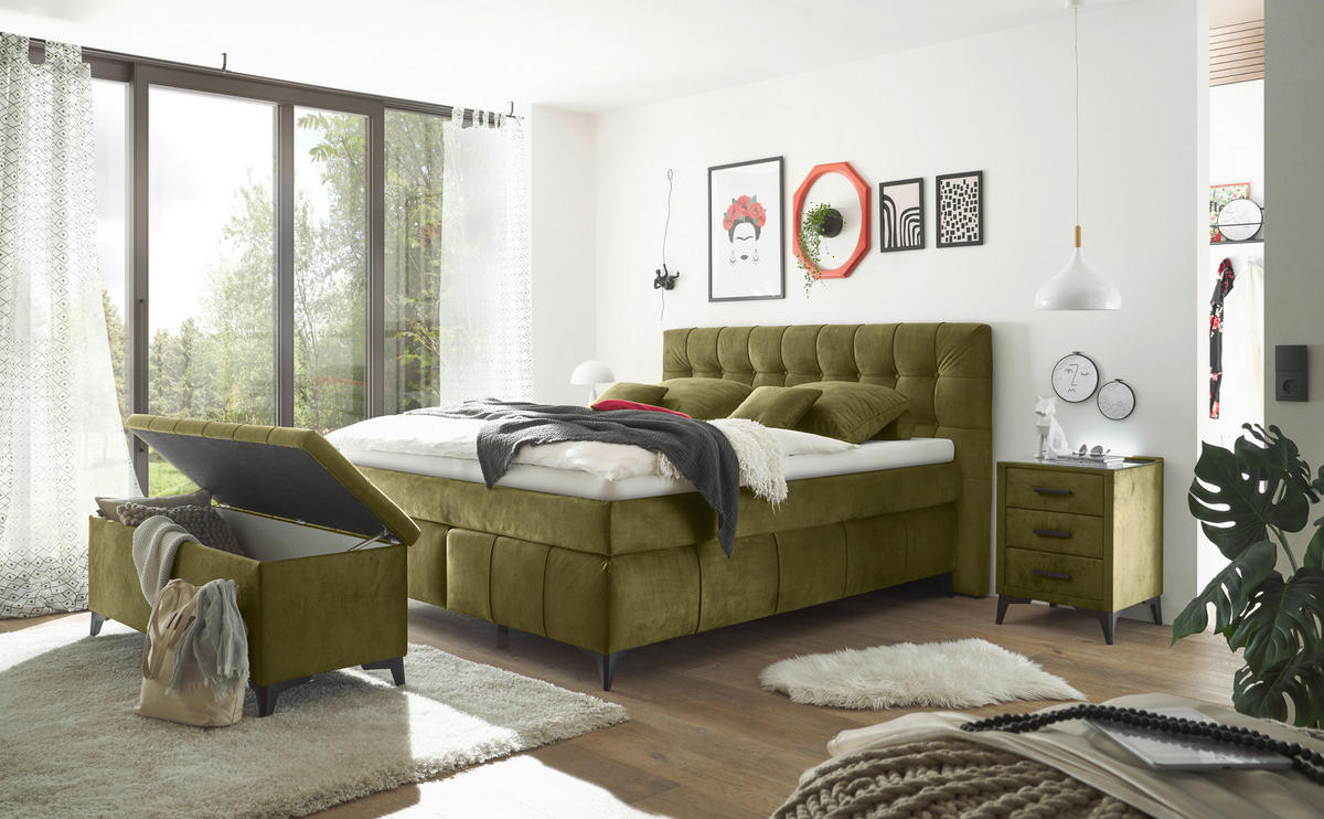 BOXSPRINGBETT 180/200 cm  in Olivgrün  - Schwarz/Olivgrün, Konventionell, Kunststoff/Textil (180/200cm) - Modante
