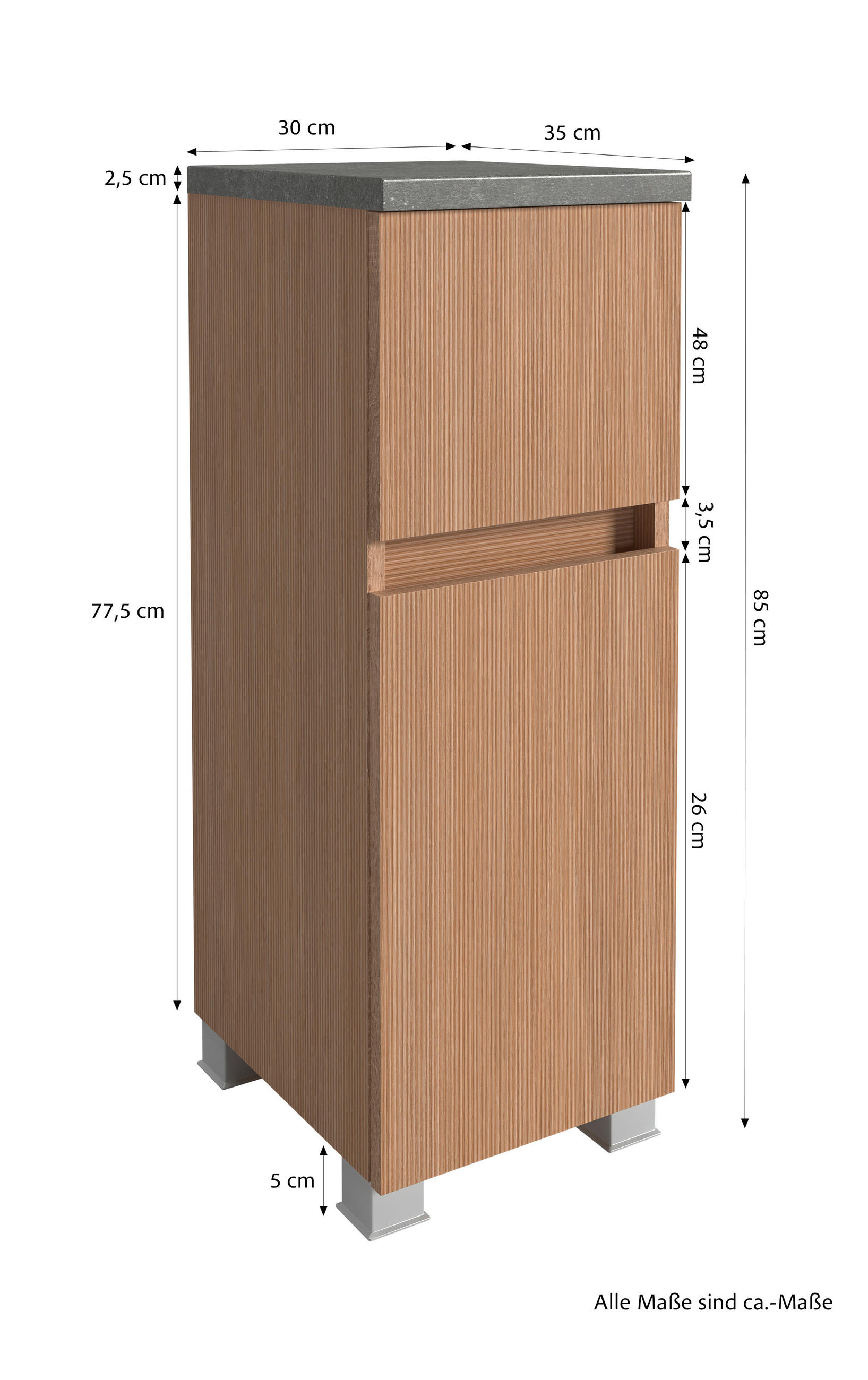 Thumbnail - Xora Unterschrank Toulon, Grau, Eiche, Holzwerkstoff, Schichtholz, Struktur, 1 Fächer, 1 Schubladen, 30x80x35 cm, Made i...