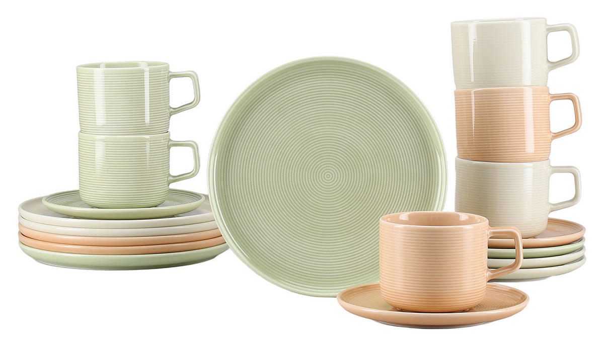 KAFFEESERVICE Session Romance 18-teilig  - Salbeigrün/Creme, Basics, Keramik - Creatable