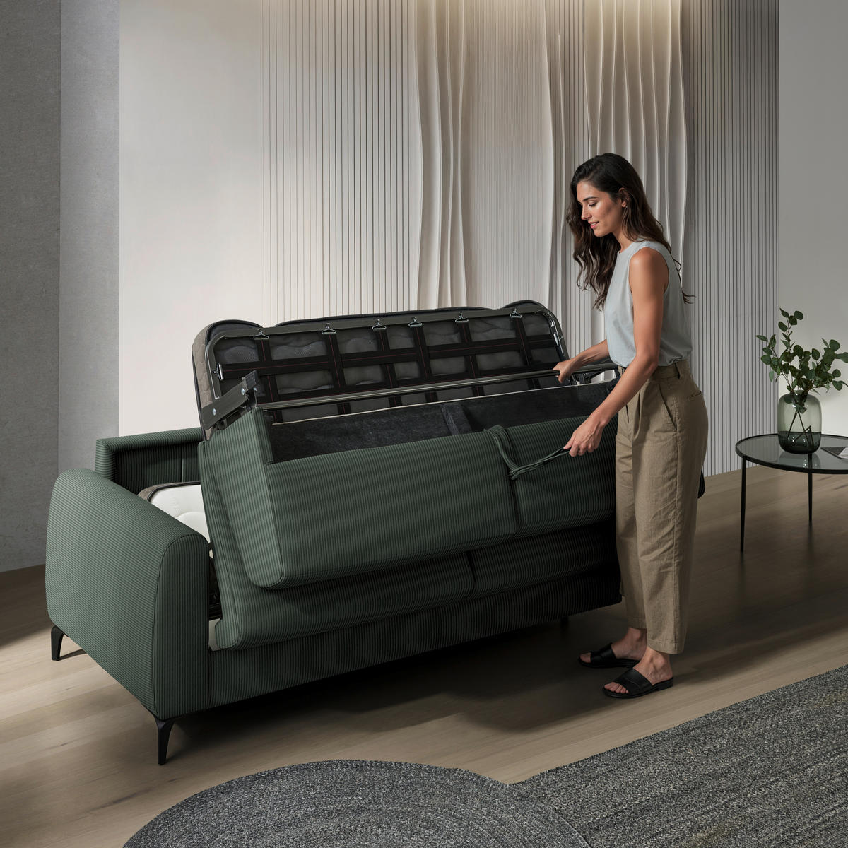 SCHLAFSOFA Cord Waldgrün  - Waldgrün/Schwarz, Konventionell, Holz/Textil (203/88/102cm) - Novel