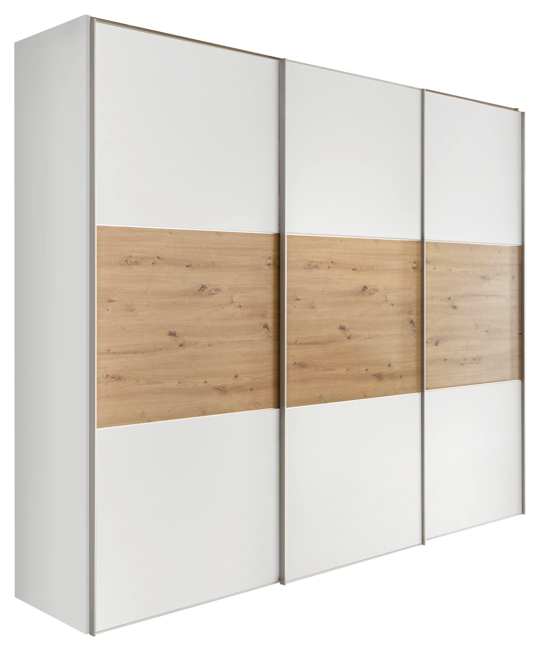 Moderano Schwebetürenschrank Weiß, Eiche Artisan 249x222x68 cm
