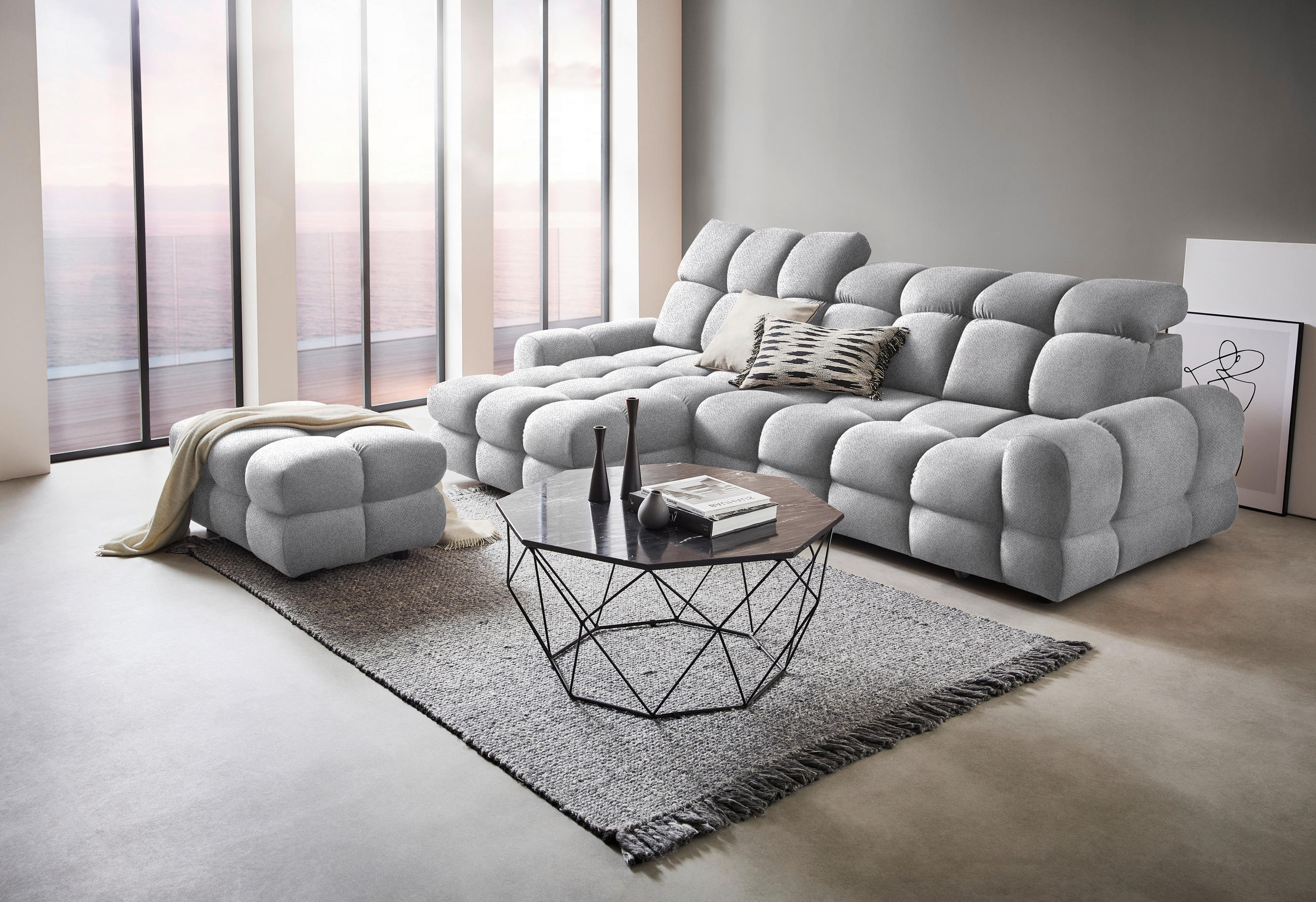 HÖRNSOFFA i velour ljusgrå  - ljusgrå/svart, Design, textil/plast (178/283cm) - Welnova