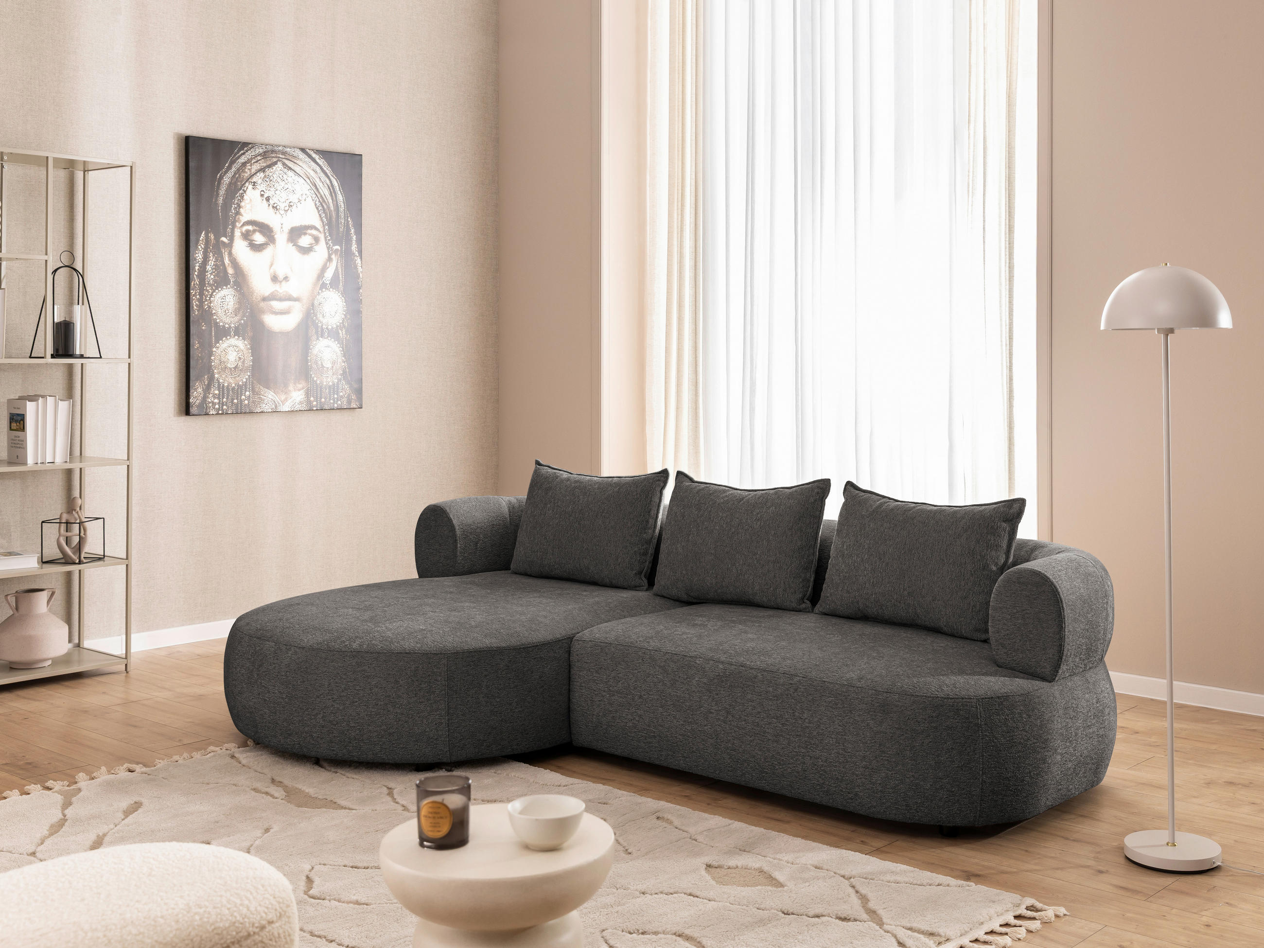 ECKSOFA in Chenille Anthrazit - Anthrazit/Schwarz, Design, Kunststoff/Textil (156/256cm) - Livetastic
