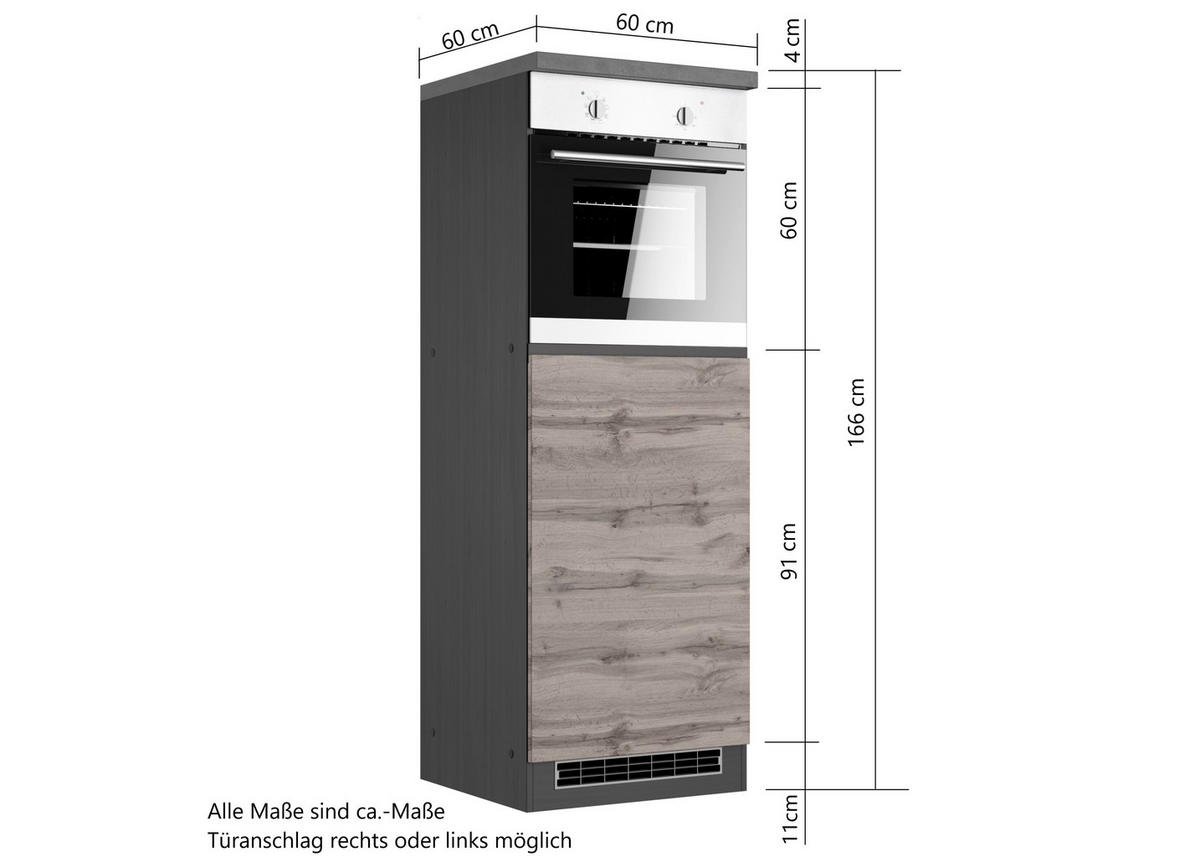 HERDUMBAUSCHRANK 60/166/60 cm  in Graphitfarben, Eiche Wotan  - Eiche Wotan/Graphitfarben, Design, Holzwerkstoff (60/166/60cm) - Held