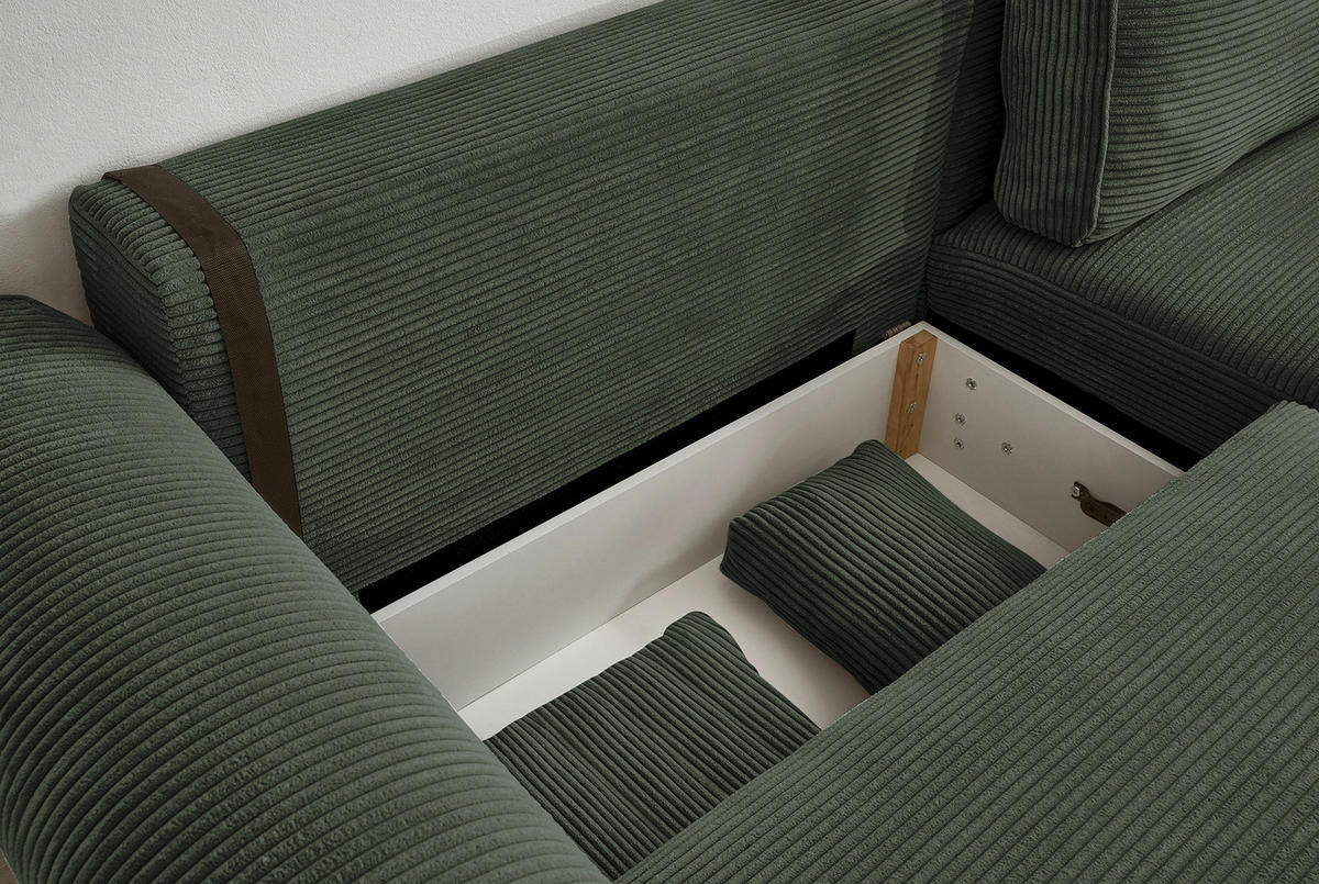 ECKSOFA in Cord Dunkelgrün  - Dunkelgrün/Schwarz, Basics, Kunststoff/Textil (255/92/185cm) - MID.YOU