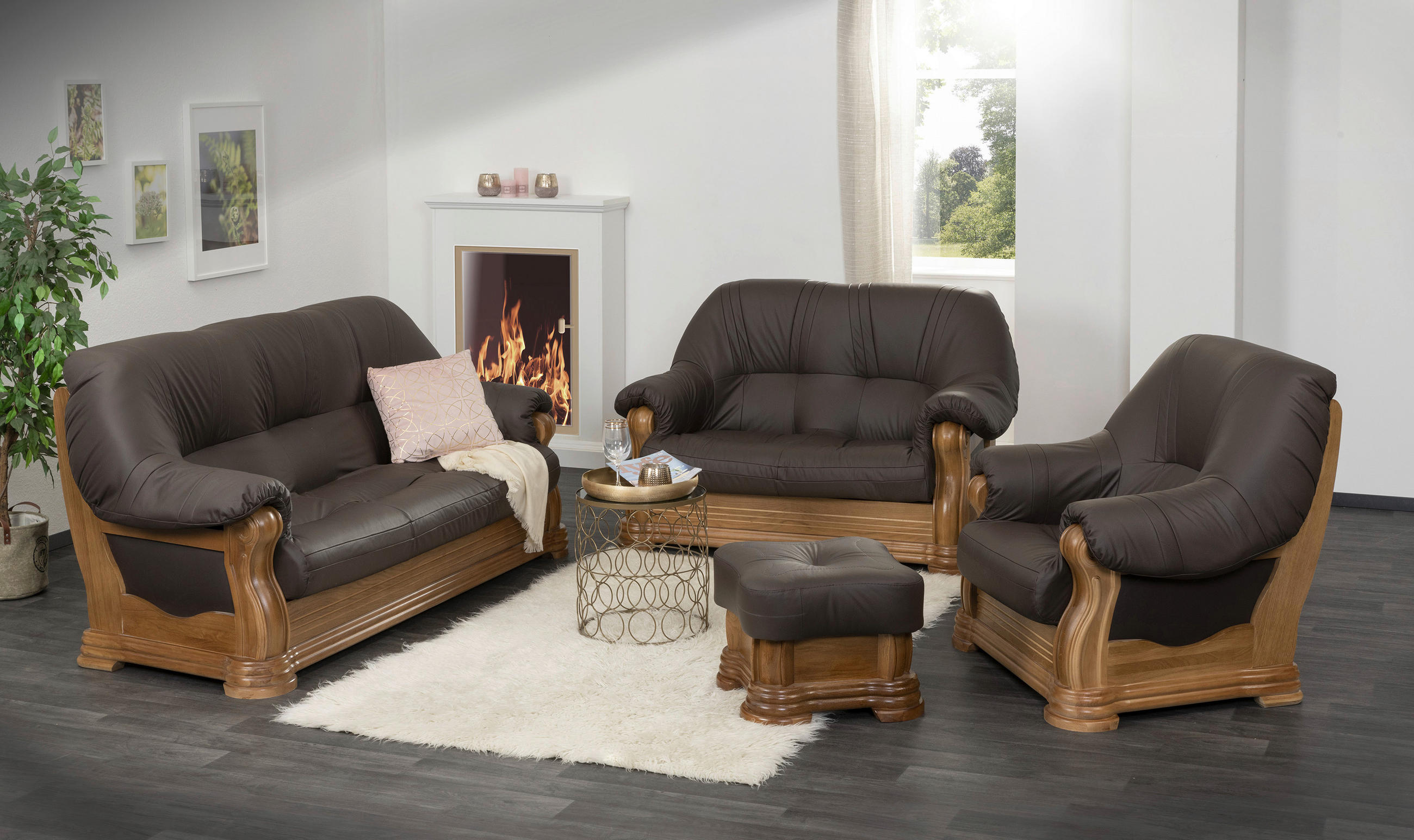 HOCKER Echtleder Eiche Braun  - Braun, KONVENTIONELL, Leder/Holz (50/40/50cm) - Max Winzer