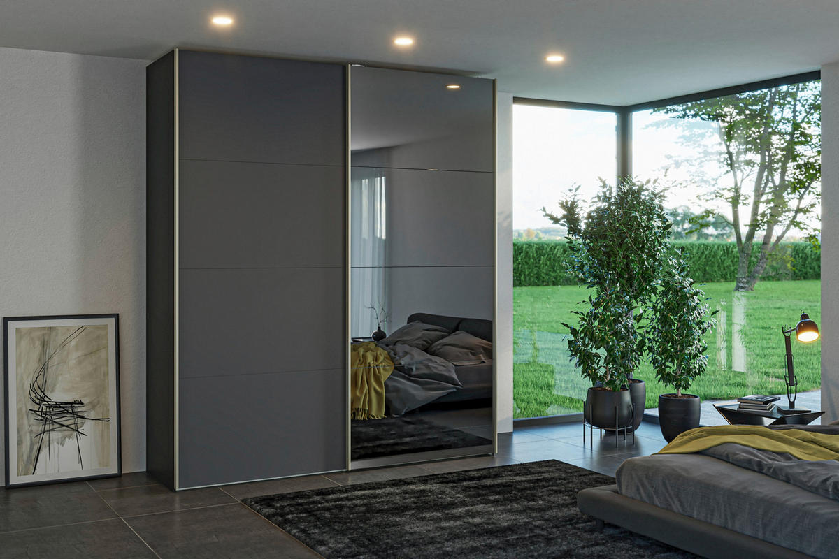 SCHWEBETÜRENSCHRANK 203/236/65 cm 2-türig Anthrazit, Schwarz  - Edelstahlfarben/Anthrazit, Design, Glas/Holzwerkstoff (203/236/65cm) - Jutzler