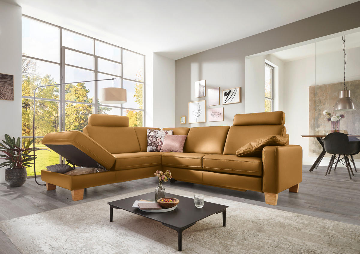 ECKSOFA in Echtleder Senfgelb  - Eiche Bianco/Senfgelb, Konventionell, Leder/Holz (235/257cm) - Valdera