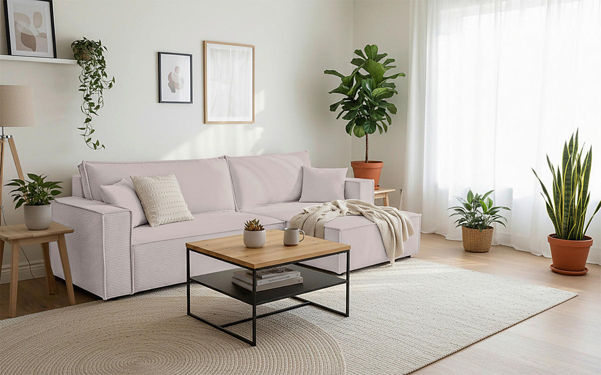 ECKSOFA inkl. Funktionen Hellgrau Cord  - Hellgrau/Schwarz, Design, Textil (267/141cm) - Xora