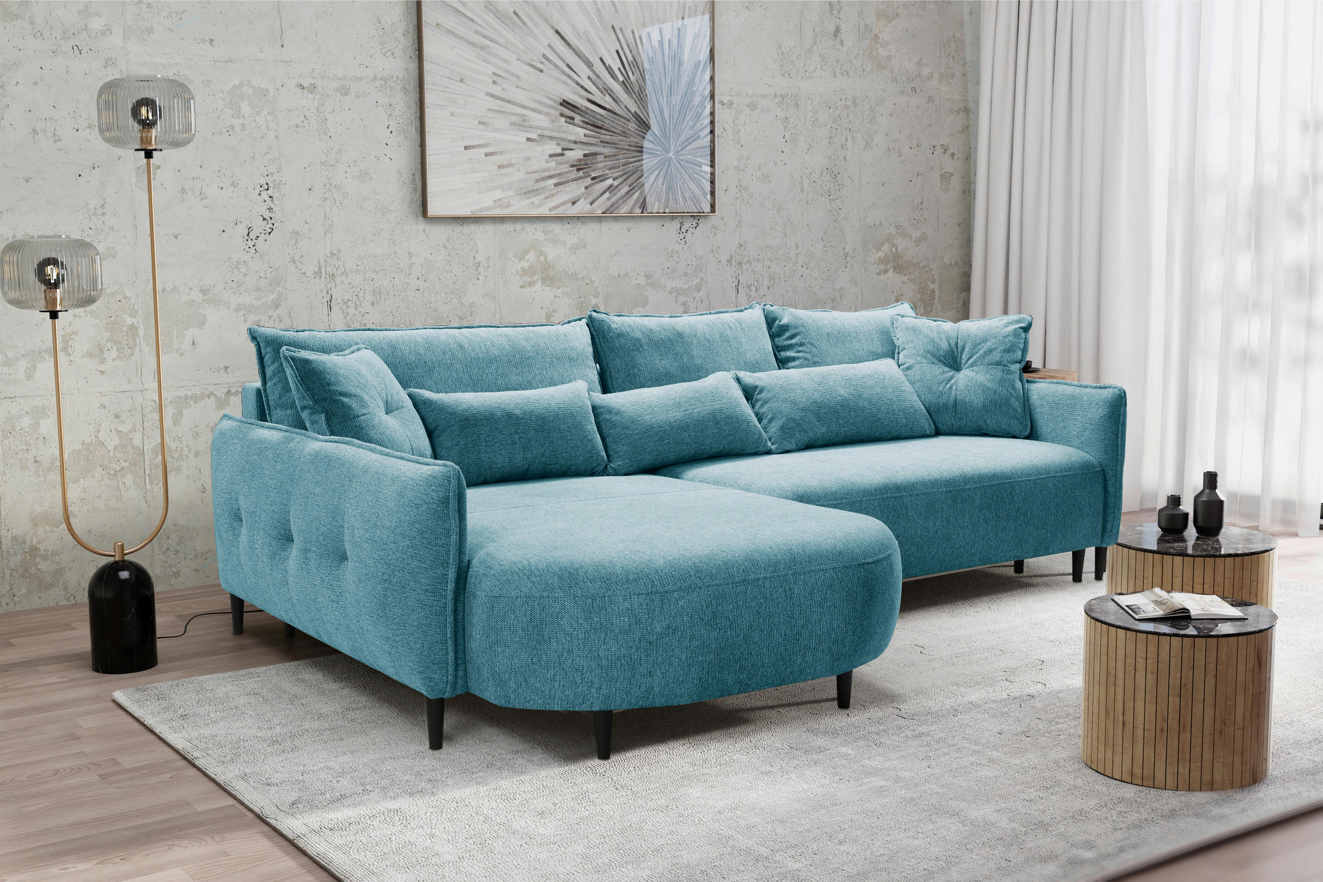 ECKSOFA in Chenille Blau  - Blau/Schwarz, Modern, Textil/Metall (200/285cm) - MID.YOU