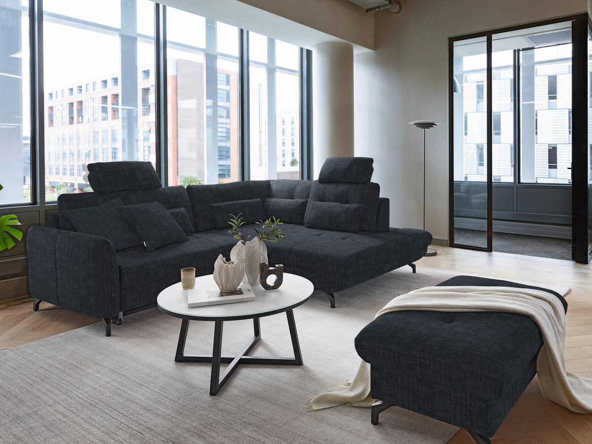 ECKSOFA in Flachgewebe, Leinenoptik Dunkelblau  - Schwarz/Dunkelblau, Modern, Textil/Metall (247/208cm) - Xora