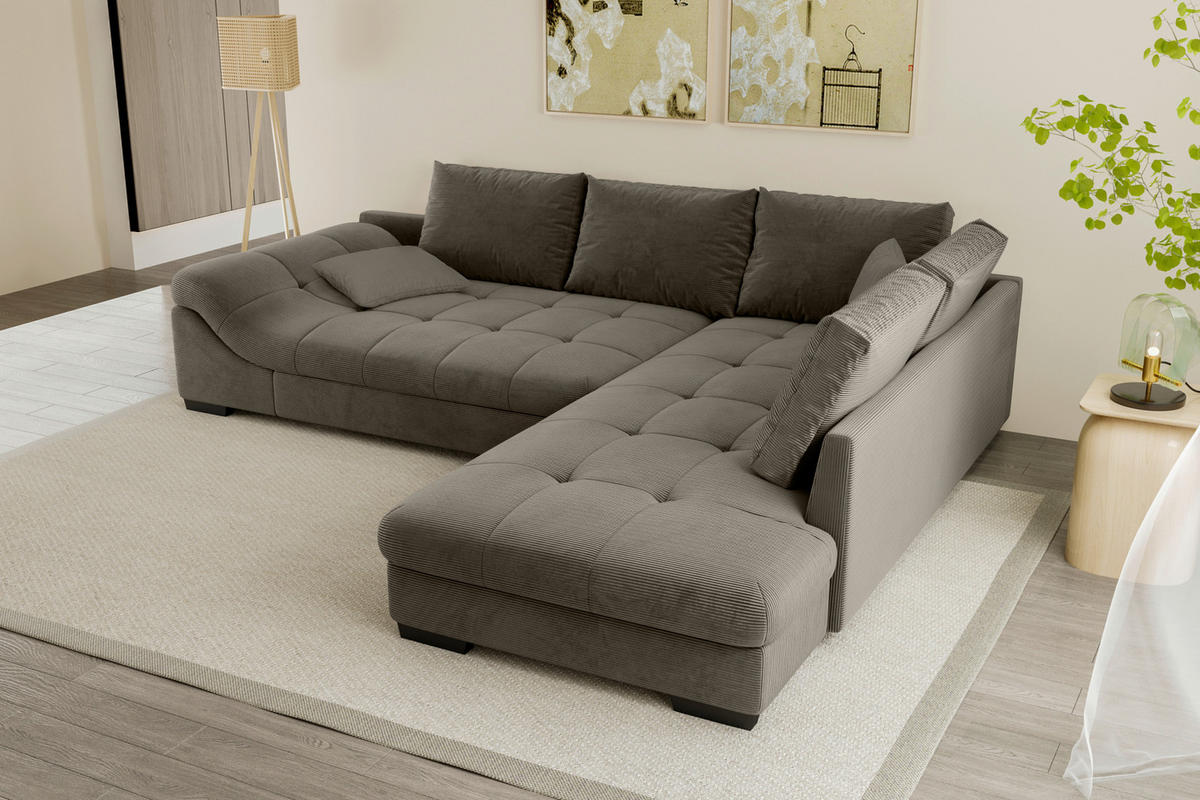 ECKSOFA in Cord Taupe  - Taupe/Schwarz, Konventionell, Holz/Textil (298/202cm) - MID.YOU