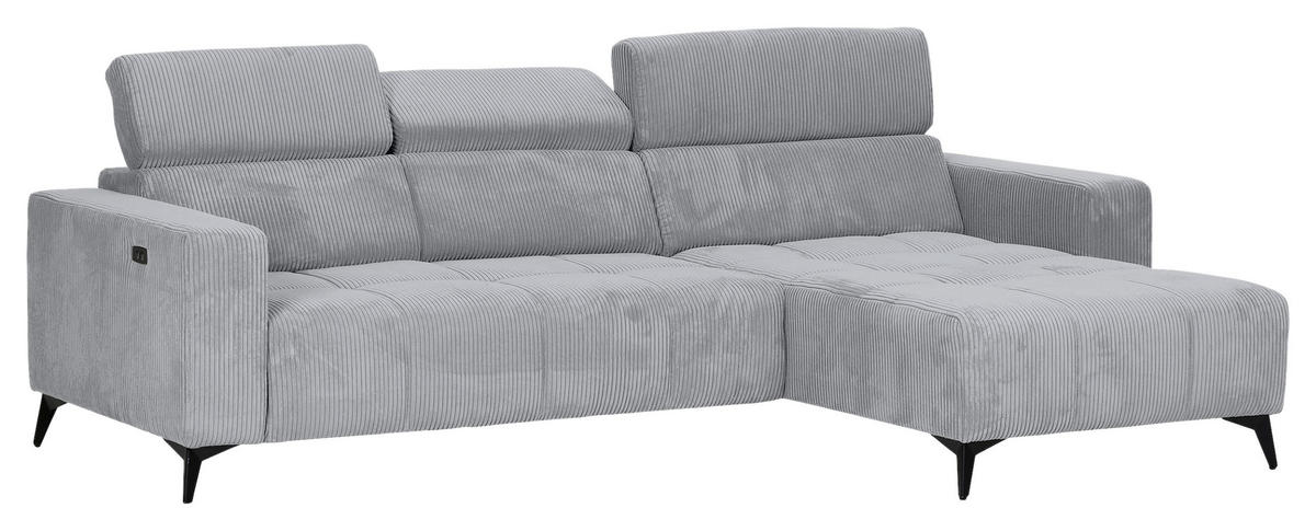 ECKSOFA Hellgrau Cord Rücken echt, Kopfteilverstellung, Sitzvorzug  - Hellgrau/Schwarz, KONVENTIONELL, Textil/Metall (257/170cm) - Carryhome