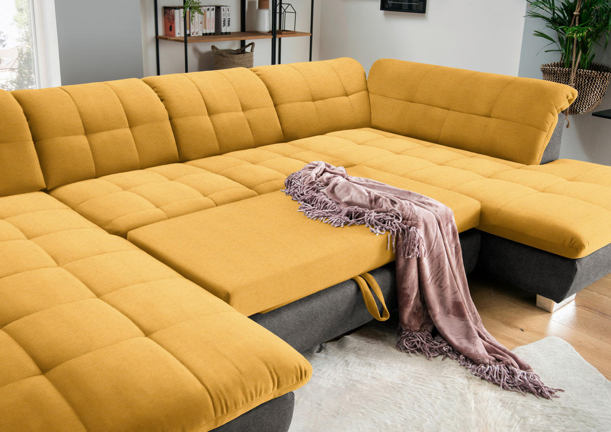 WOHNLANDSCHAFT in Mikrofaser Dunkelgelb, Grau  - Chromfarben/Dunkelgelb, Design, Kunststoff/Textil (204/350/211cm) - Xora
