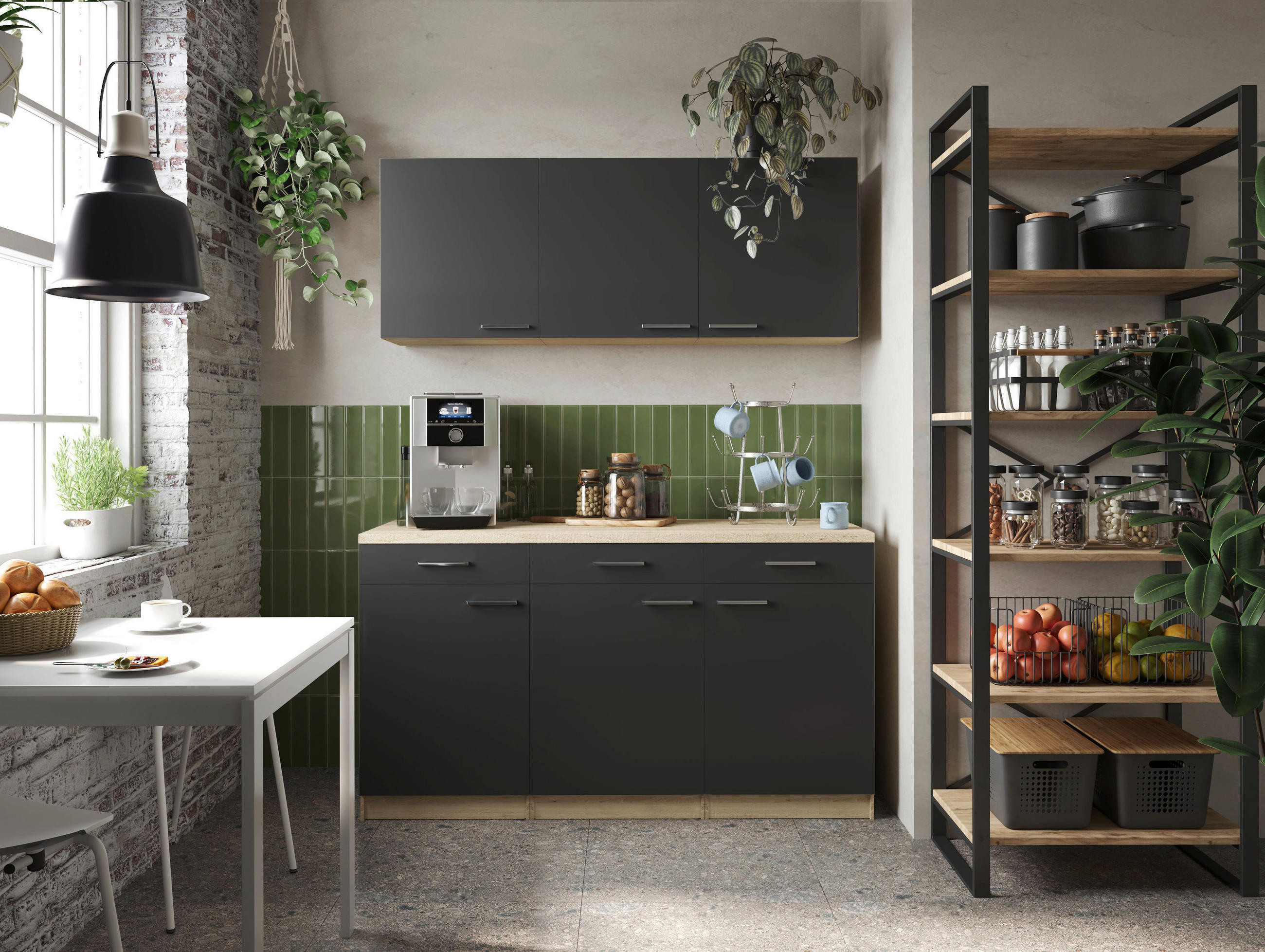 MINIKÜCHE 150 cm   in Schwarz, Eichefarben  - Eichefarben/Silberfarben, Basics, Holzwerkstoff/Metall (150cm) - Respekta