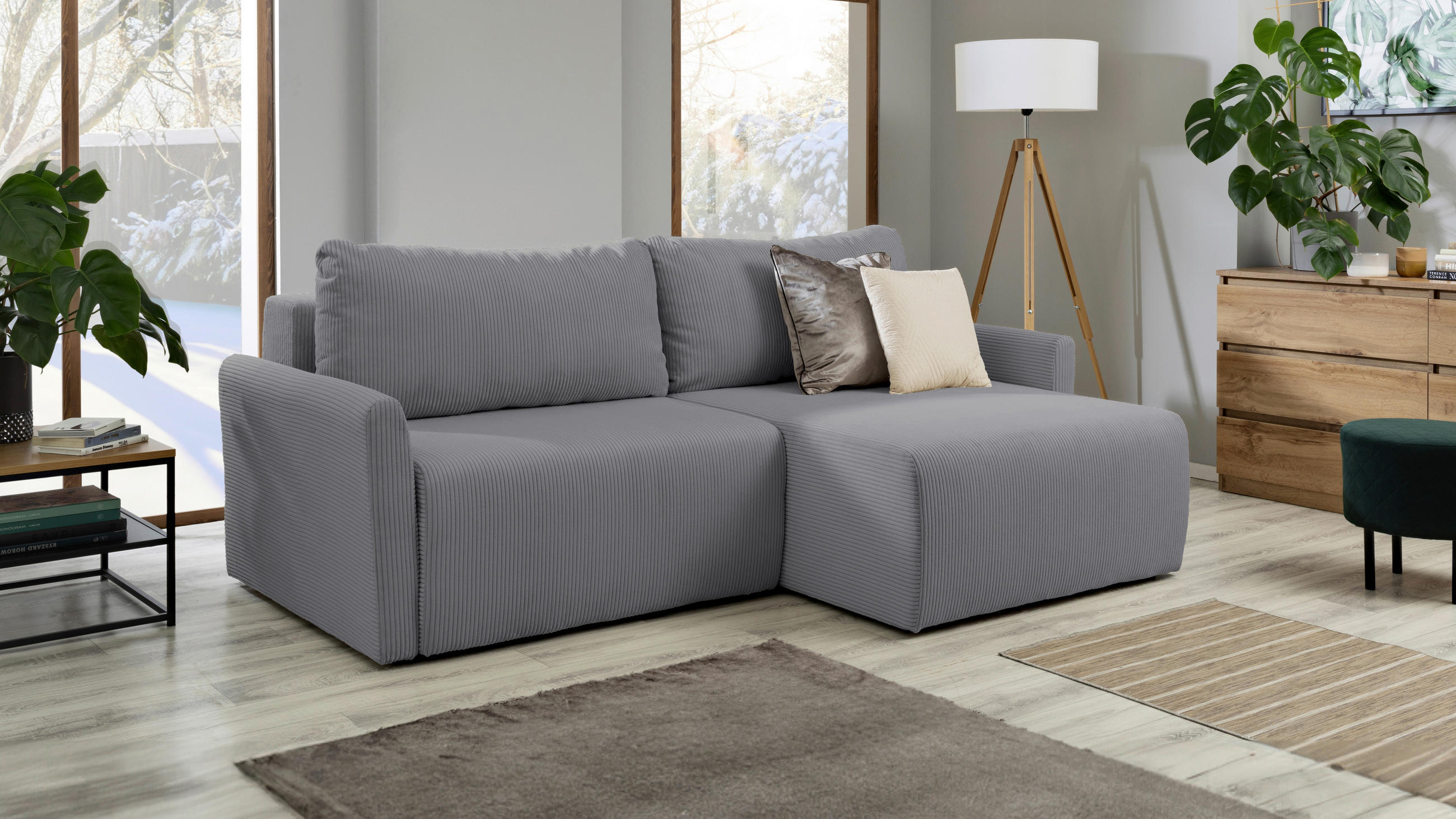 ECKSOFA in Cord Hellgrau  - Hellgrau/Schwarz, Konventionell, Kunststoff/Textil (228/146cm) - MID.YOU