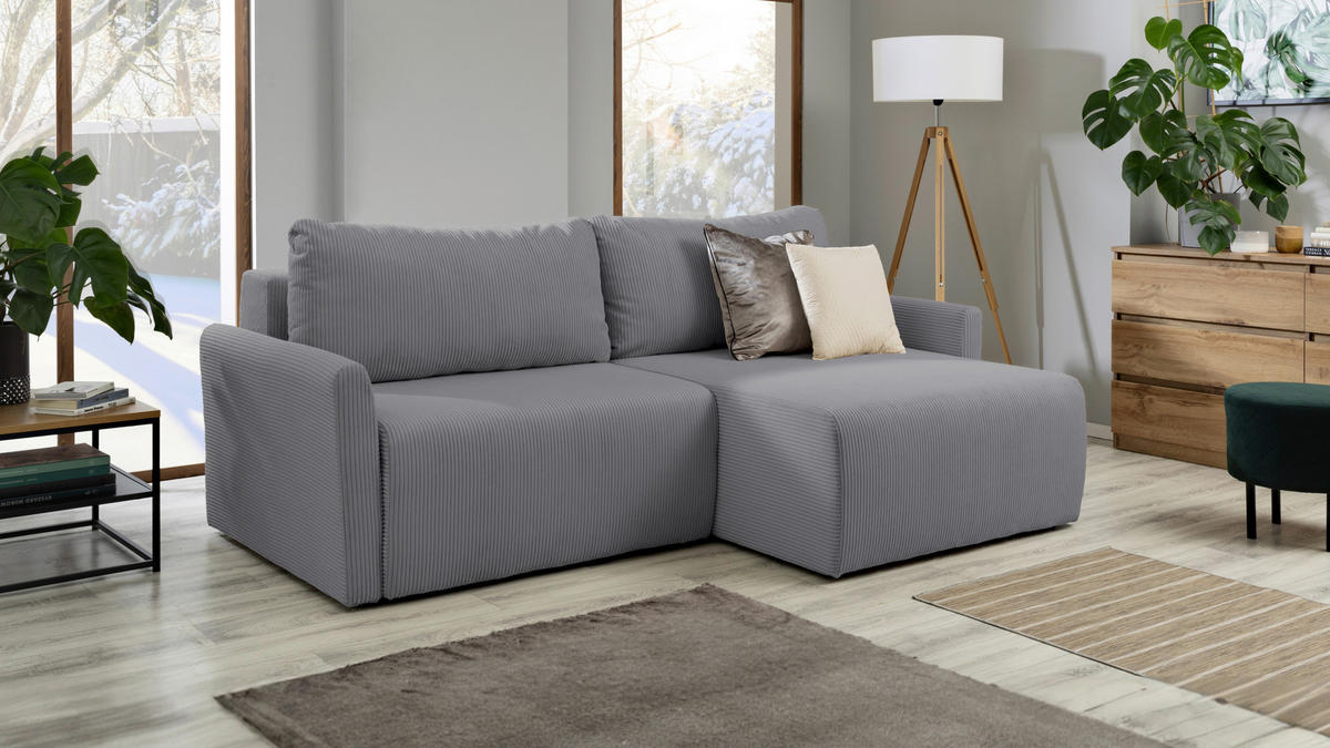 ECKSOFA in Cord Hellgrau  - Hellgrau/Schwarz, Konventionell, Kunststoff/Textil (228/146cm) - MID.YOU