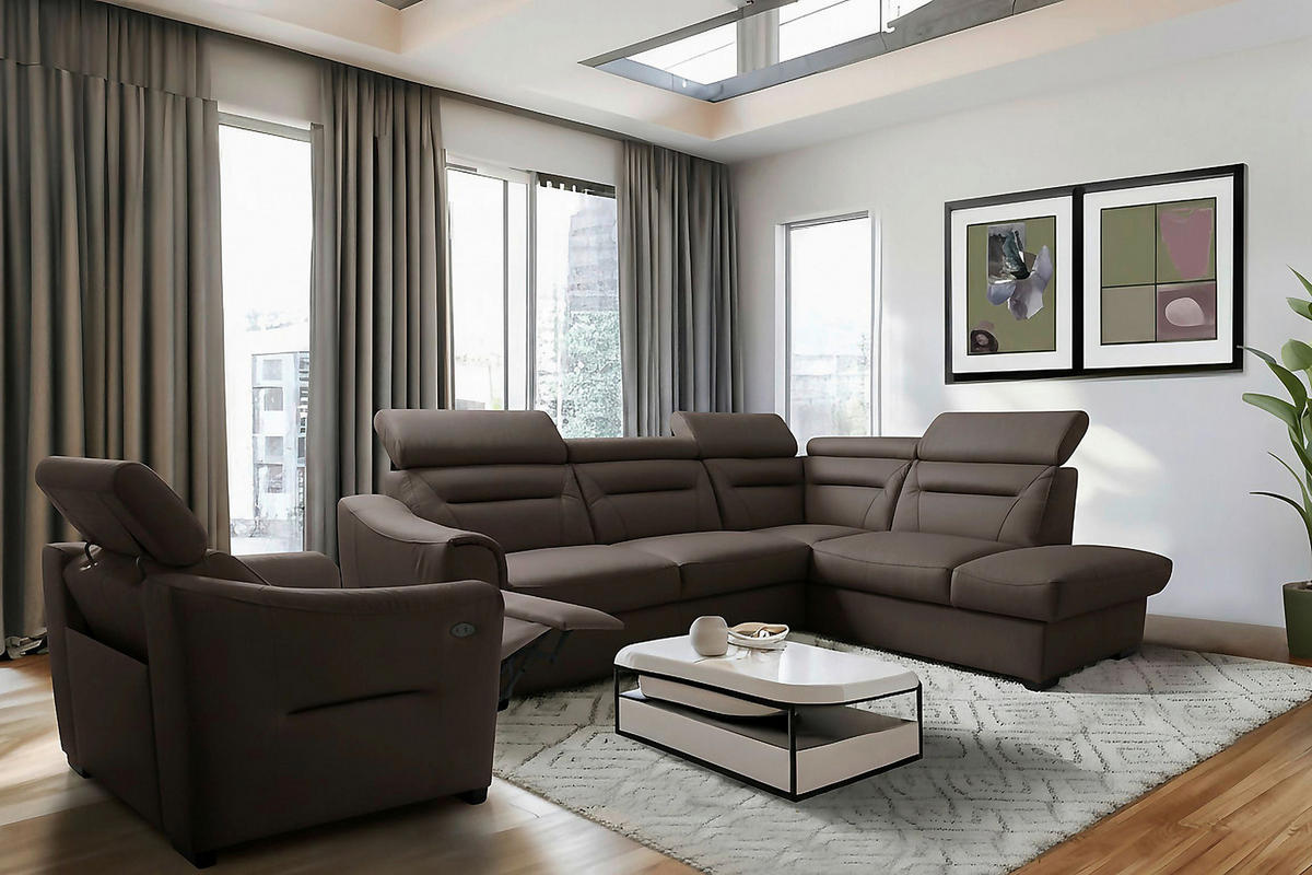 ECKSOFA  in Lederlook Echtleder Dunkelbraun  - Wengefarben/Dunkelbraun, Design, Leder/Holz (260/212cm) - Celina Home
