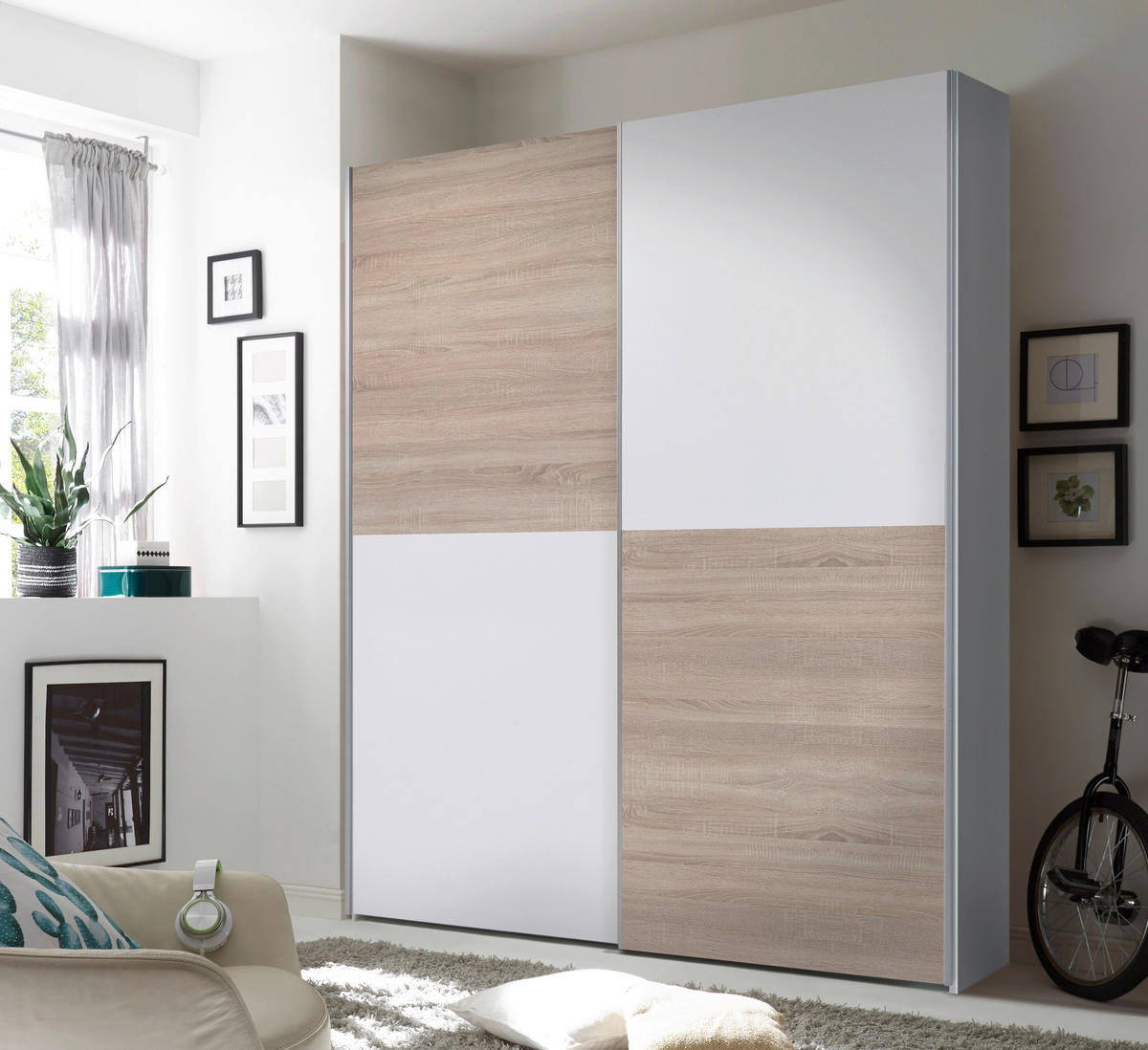 ŠATNÍ SKŘÍŇ S POSUVNÝMI DVEŘM, bílá, Sonoma dub, 170/195/59 cm - bílá/barvy stříbra, Konvenční, kov/kompozitní dřevo (170/195/59cm) - Carryhome