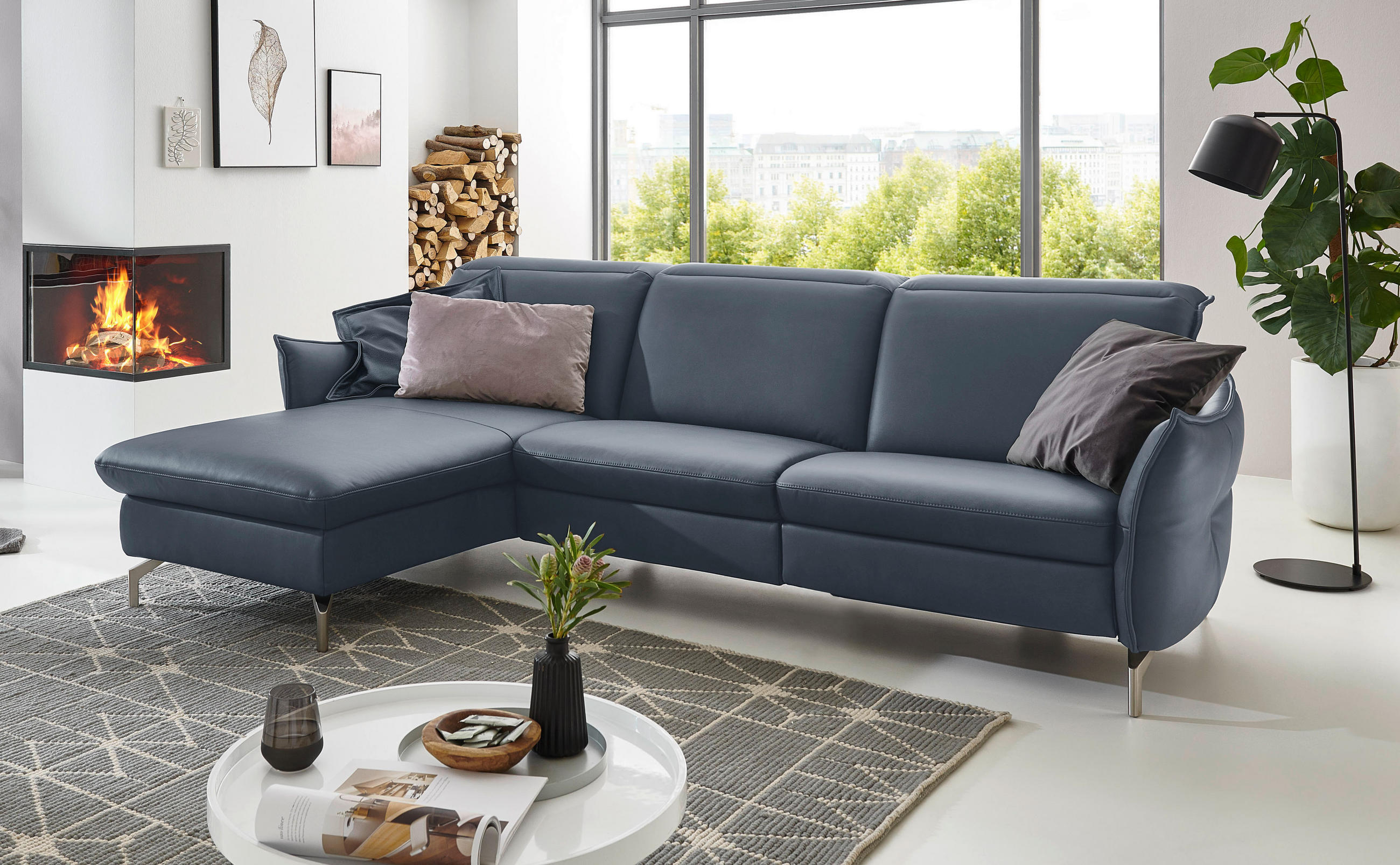 ECKSOFA in Echtleder Blau, Grau  - Blau/Grau, Modern, Leder/Metall (179/233cm) - Livetastic