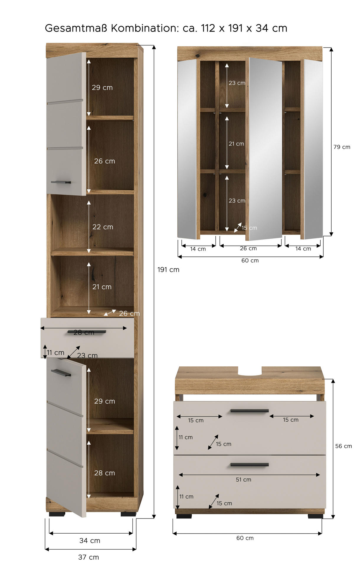 BADEZIMMER 3-teilig  in 134 cm  - Kaschmir/Schwarz, MODERN, Glas/Holzwerkstoff (134cm) - MID.YOU