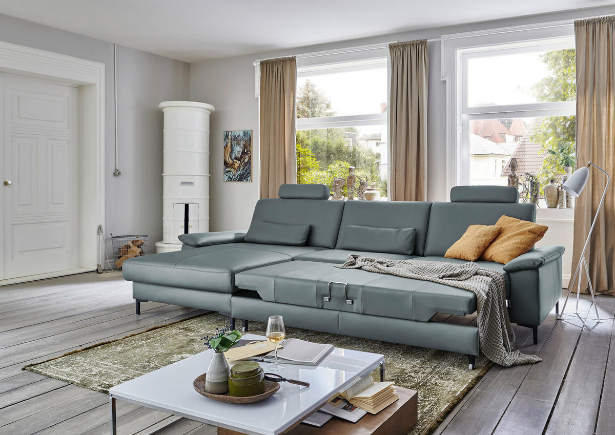 ECKSOFA Echtleder Blaugrau  - Blaugrau/Schwarz, Design, Leder/Metall (176/334cm) - Dieter Knoll