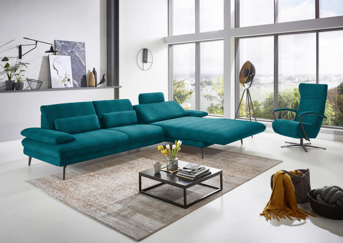 ECKSOFA in Chenille Petrol  - Petrol/Schwarz, Design, Textil/Metall (310/180cm) - Dieter Knoll